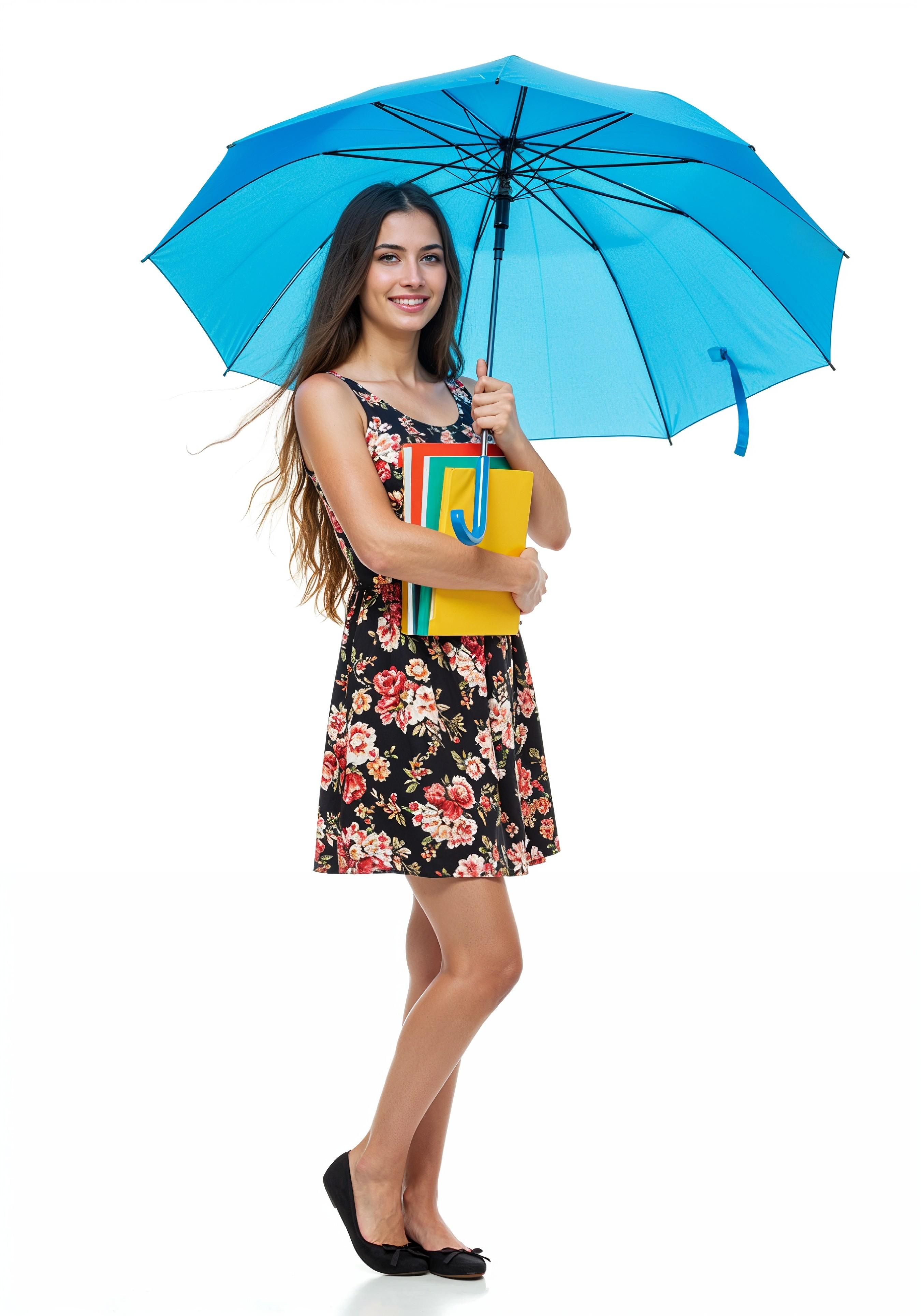 Beautiful Young Woman Holding Colorful Umbrella and Books Student Lifestyle Portrait