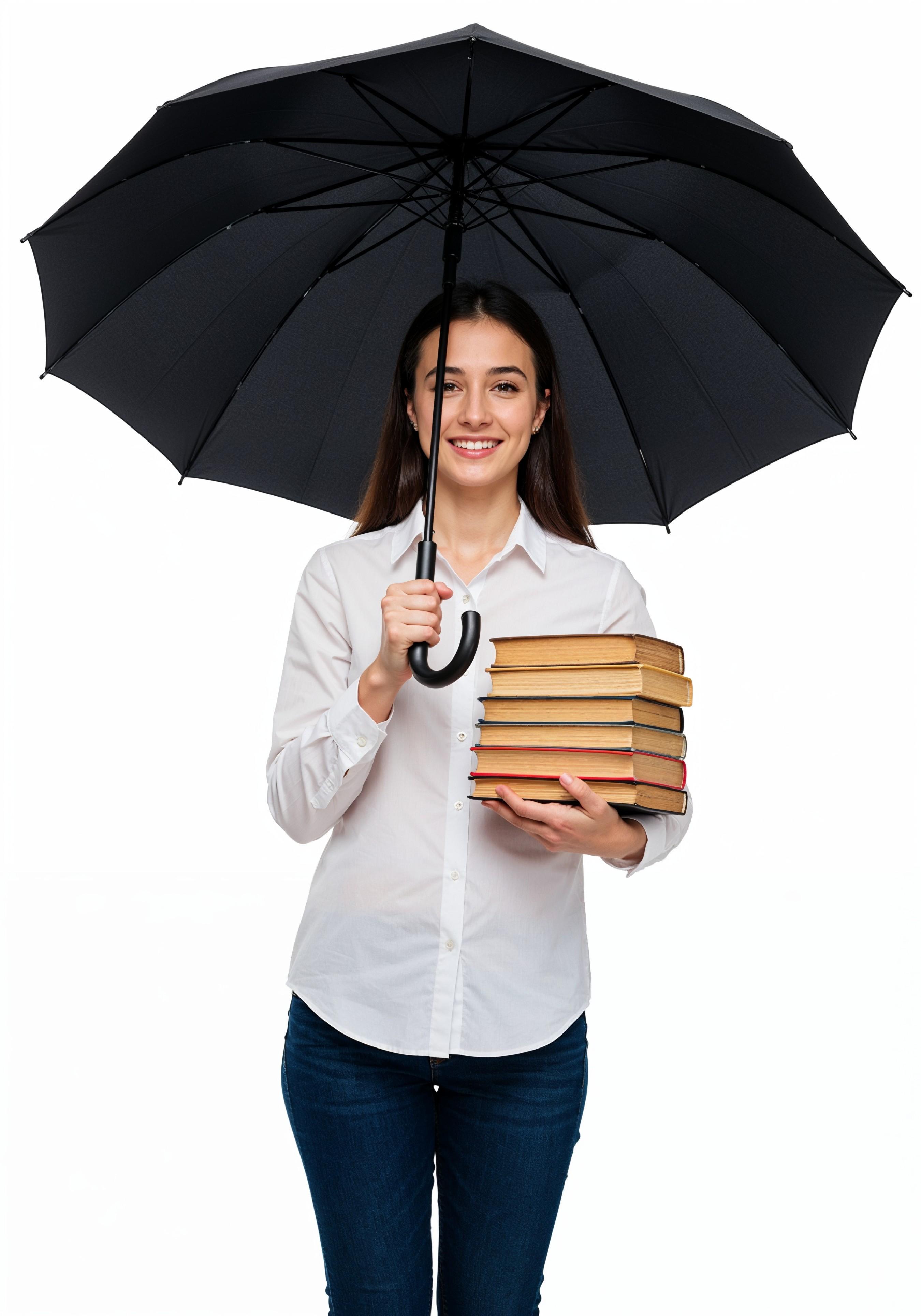 Beautiful Young Woman Holding Colorful Umbrella and Books Student Lifestyle Portrait