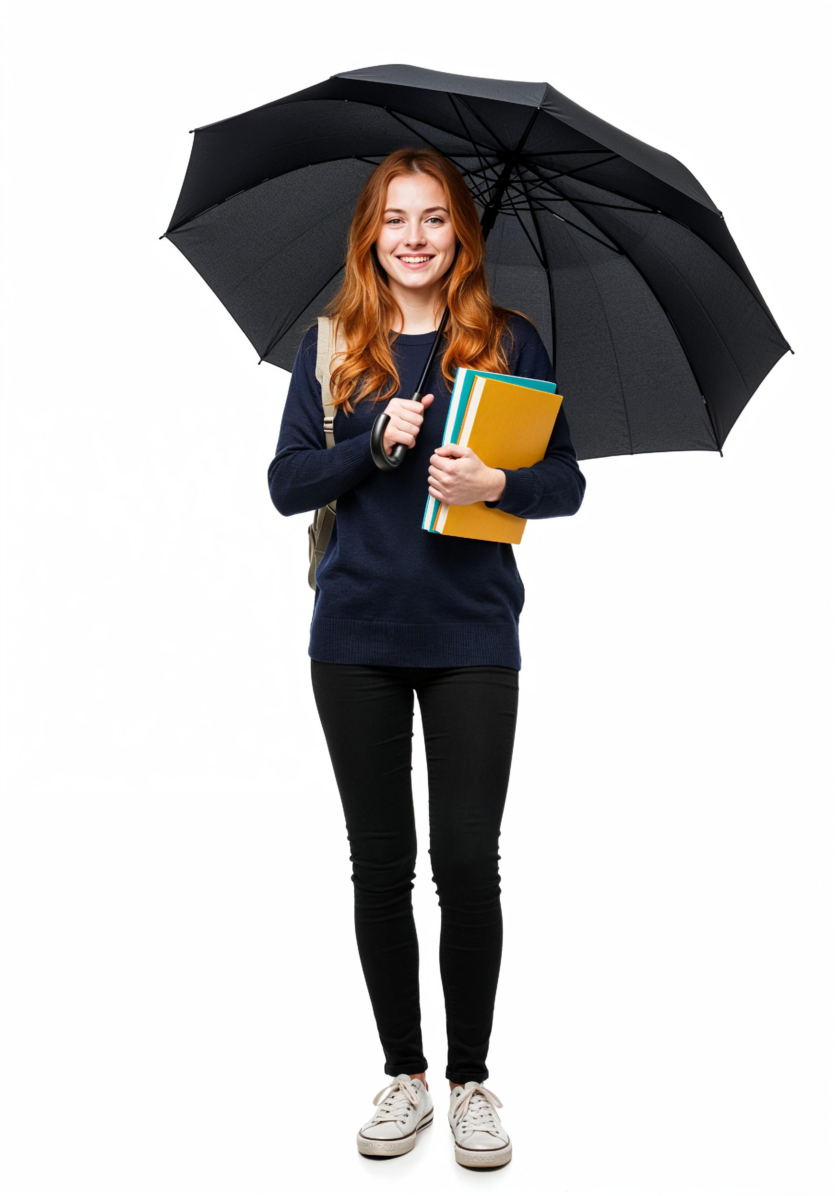 Beautiful Young Woman Holding Colorful Umbrella and Books Student Lifestyle Portrait