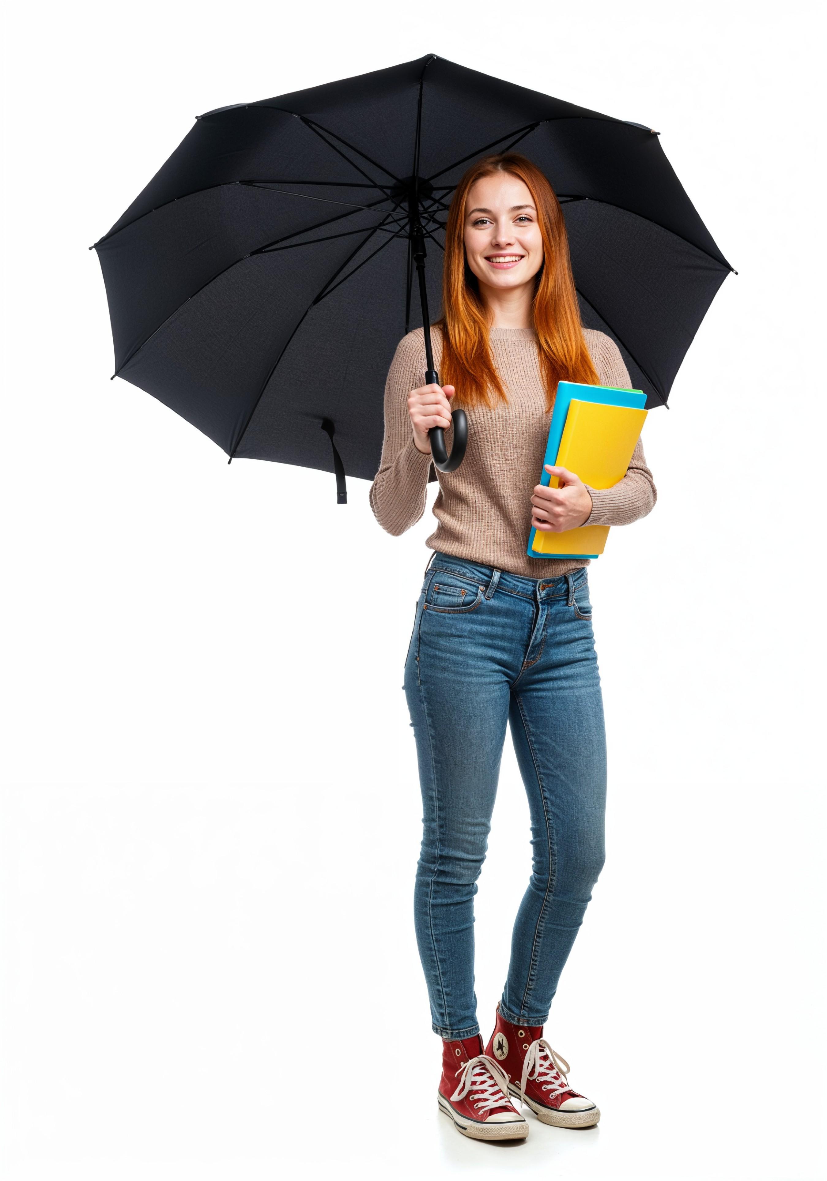 Beautiful Young Woman Holding Colorful Umbrella and Books Student Lifestyle Portrait