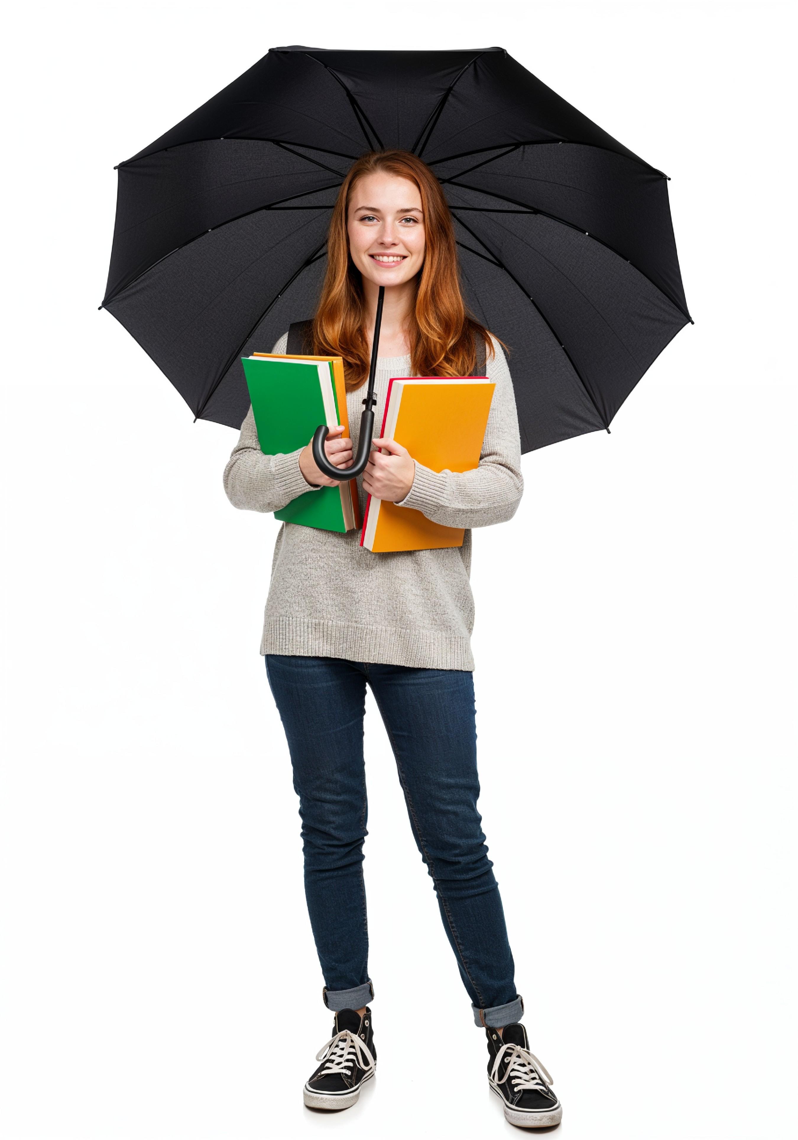 Beautiful Young Woman Holding Colorful Umbrella and Books Student Lifestyle Portrait