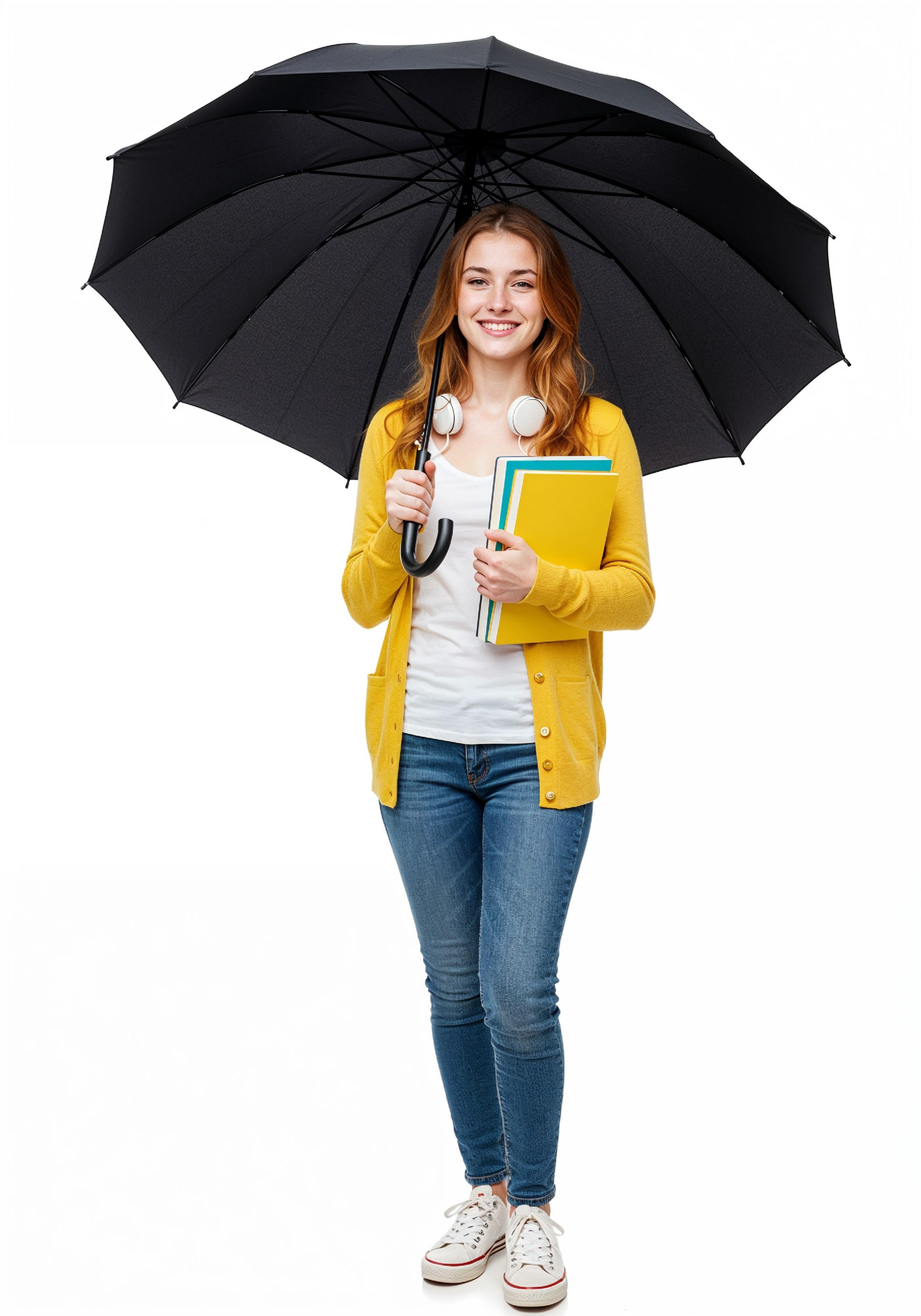 Beautiful Young Woman Holding Colorful Umbrella and Books Student Lifestyle Portrait