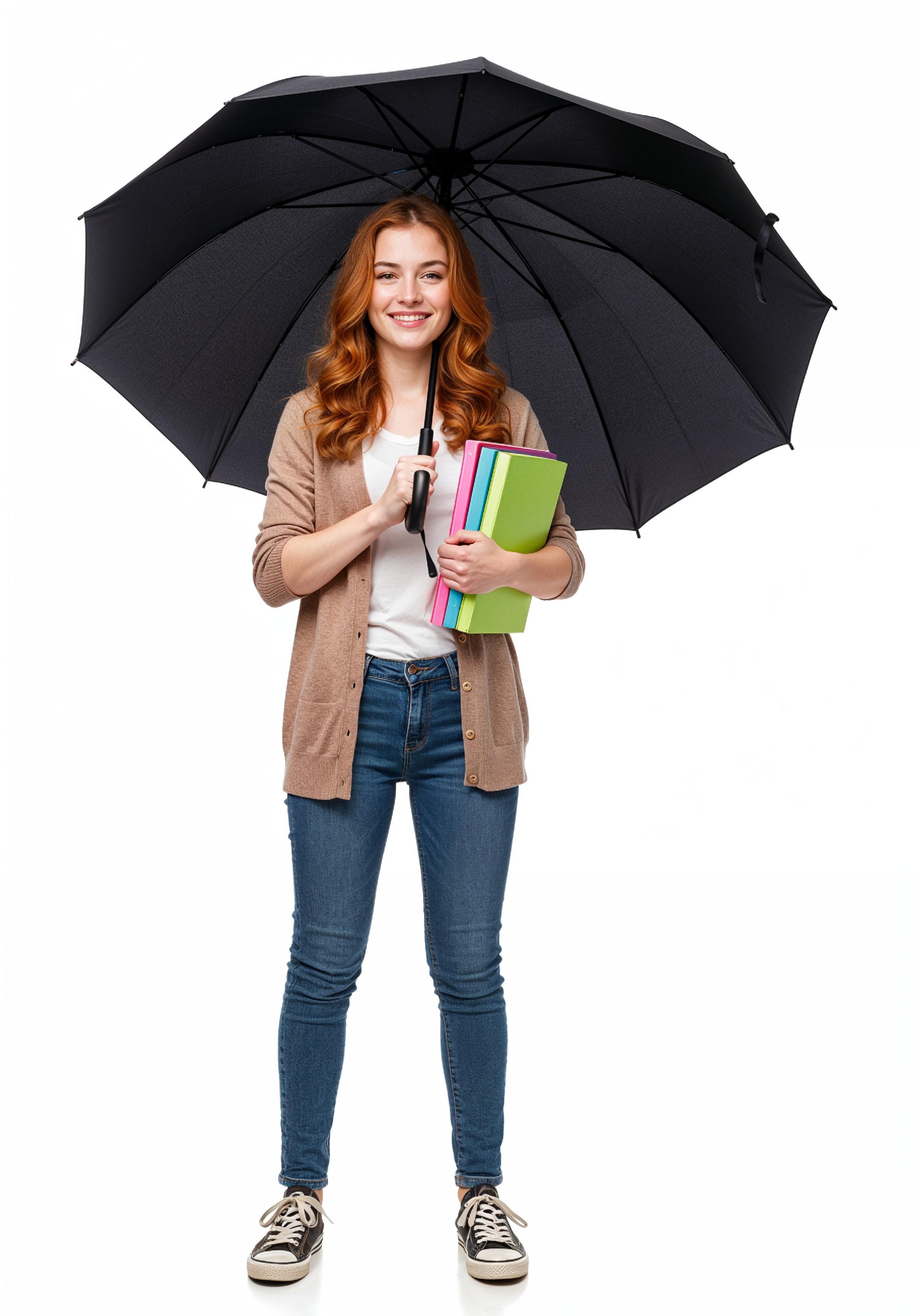 Beautiful Young Woman Holding Colorful Umbrella and Books Student Lifestyle Portrait