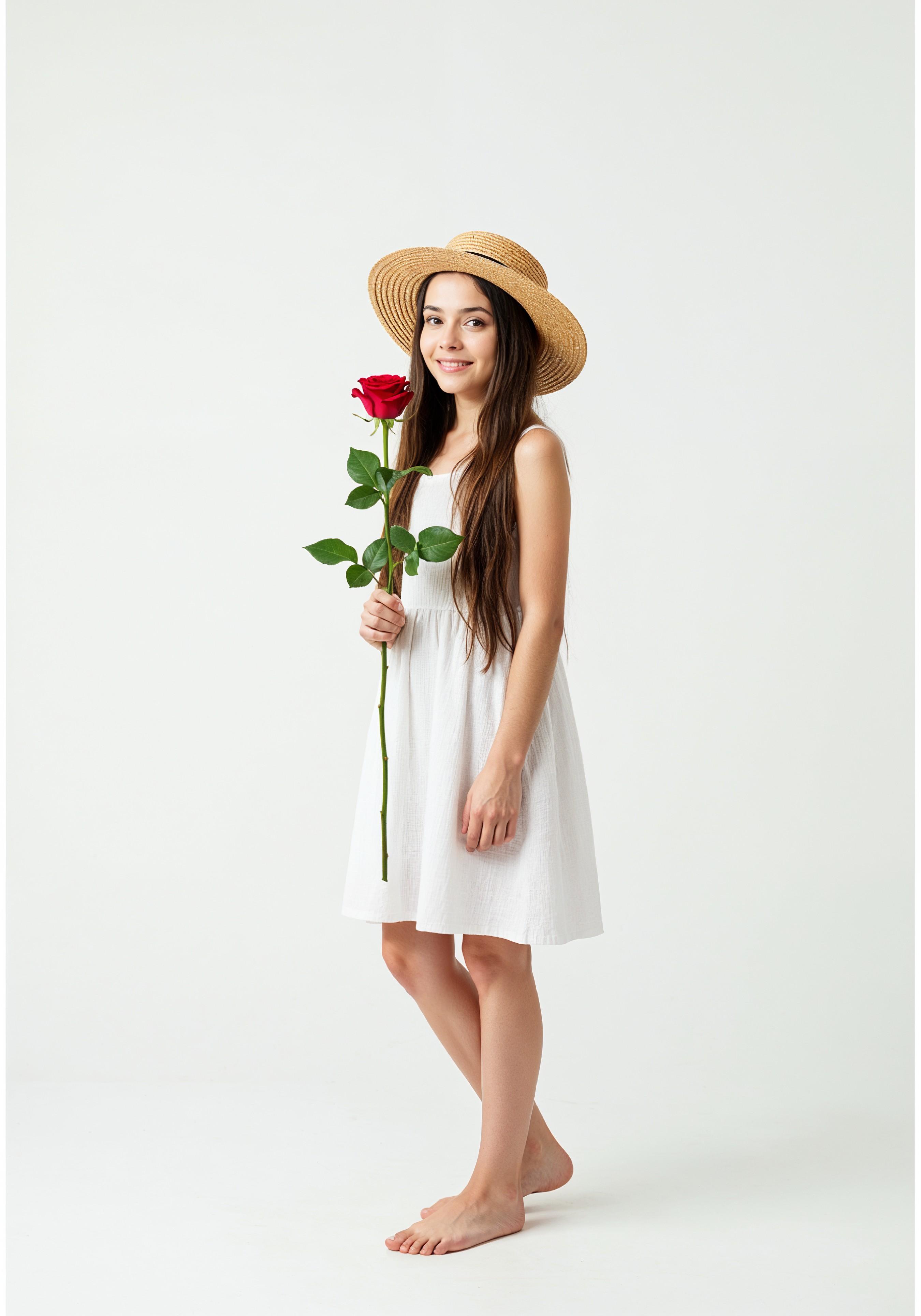 Beautiful Young Woman Holding Red Rose in Elegant Dress Romantic Portrait