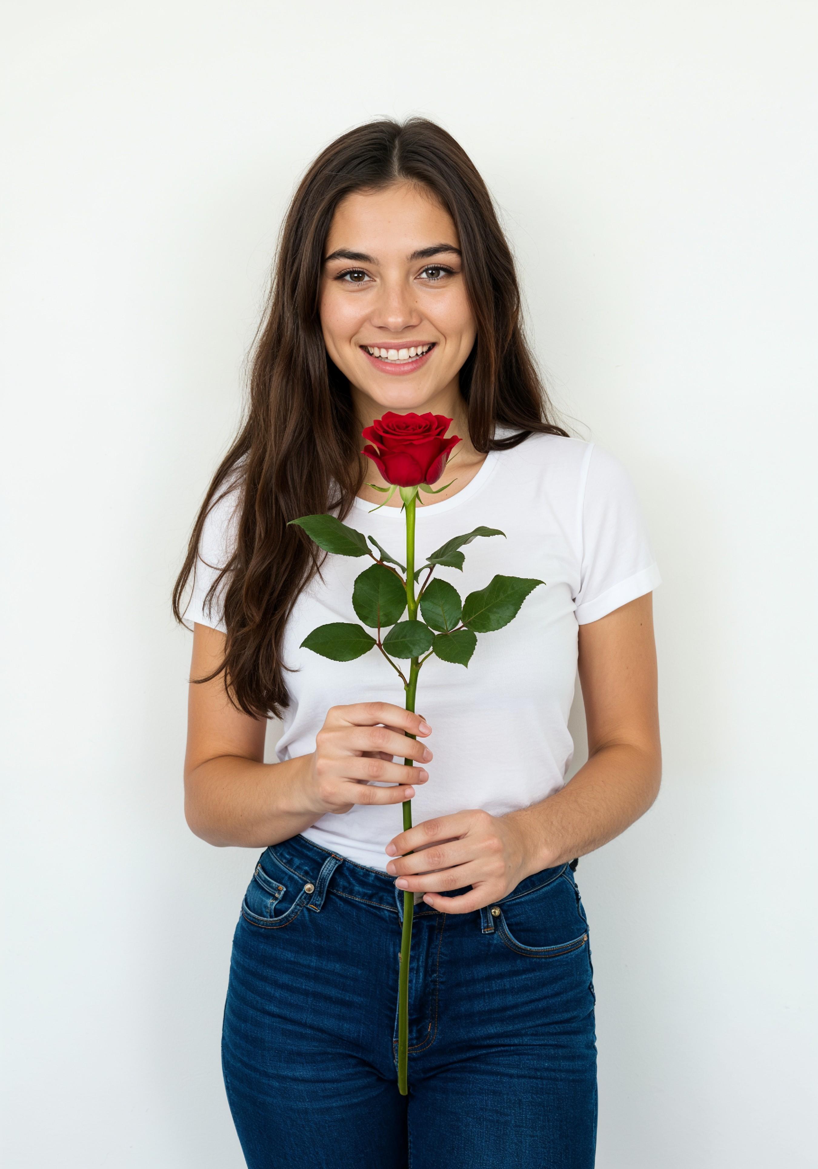 Beautiful Young Woman Holding Red Rose in Elegant Dress Romantic Portrait