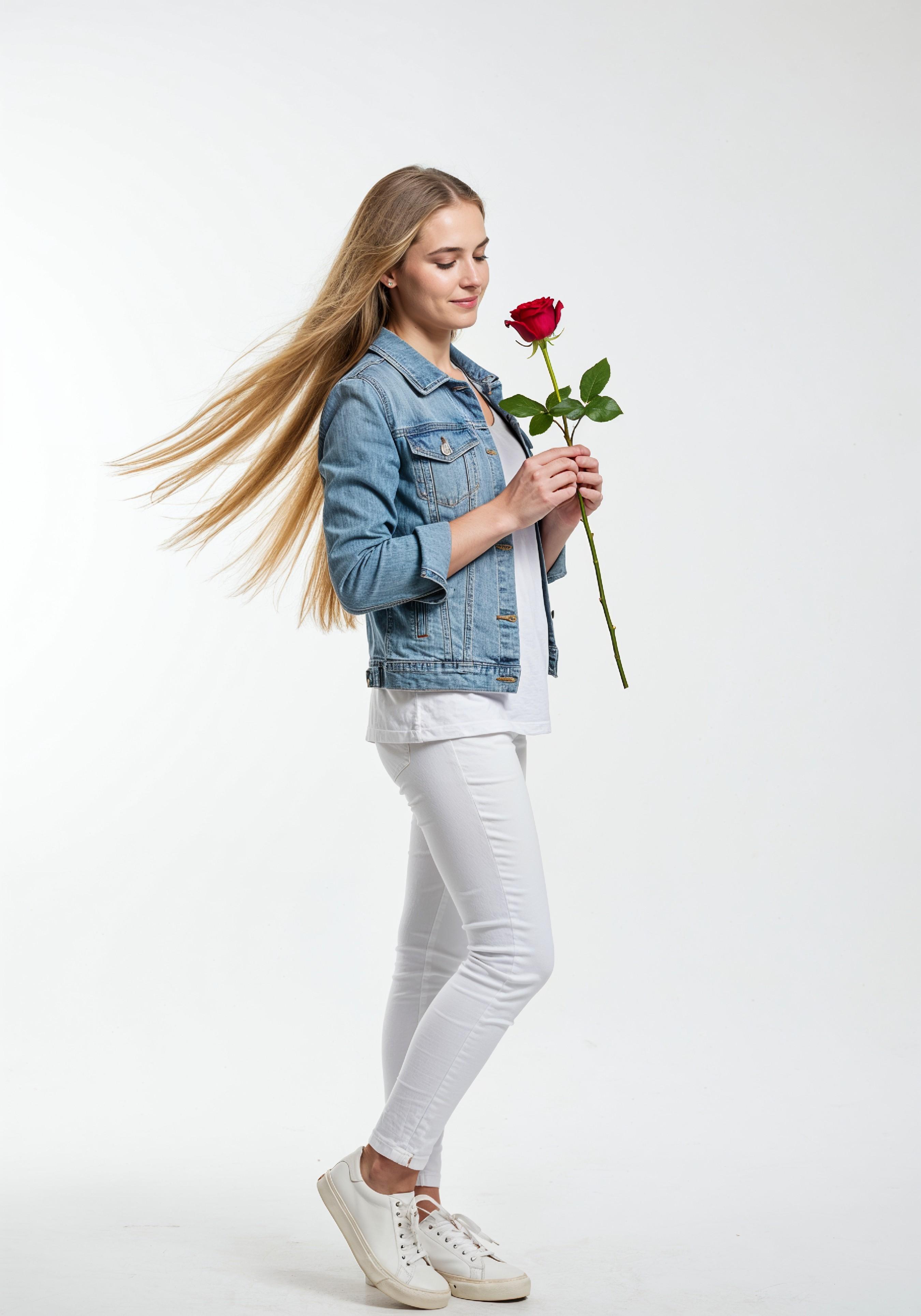 Beautiful Young Woman Holding Red Rose in Elegant Dress Romantic Portrait