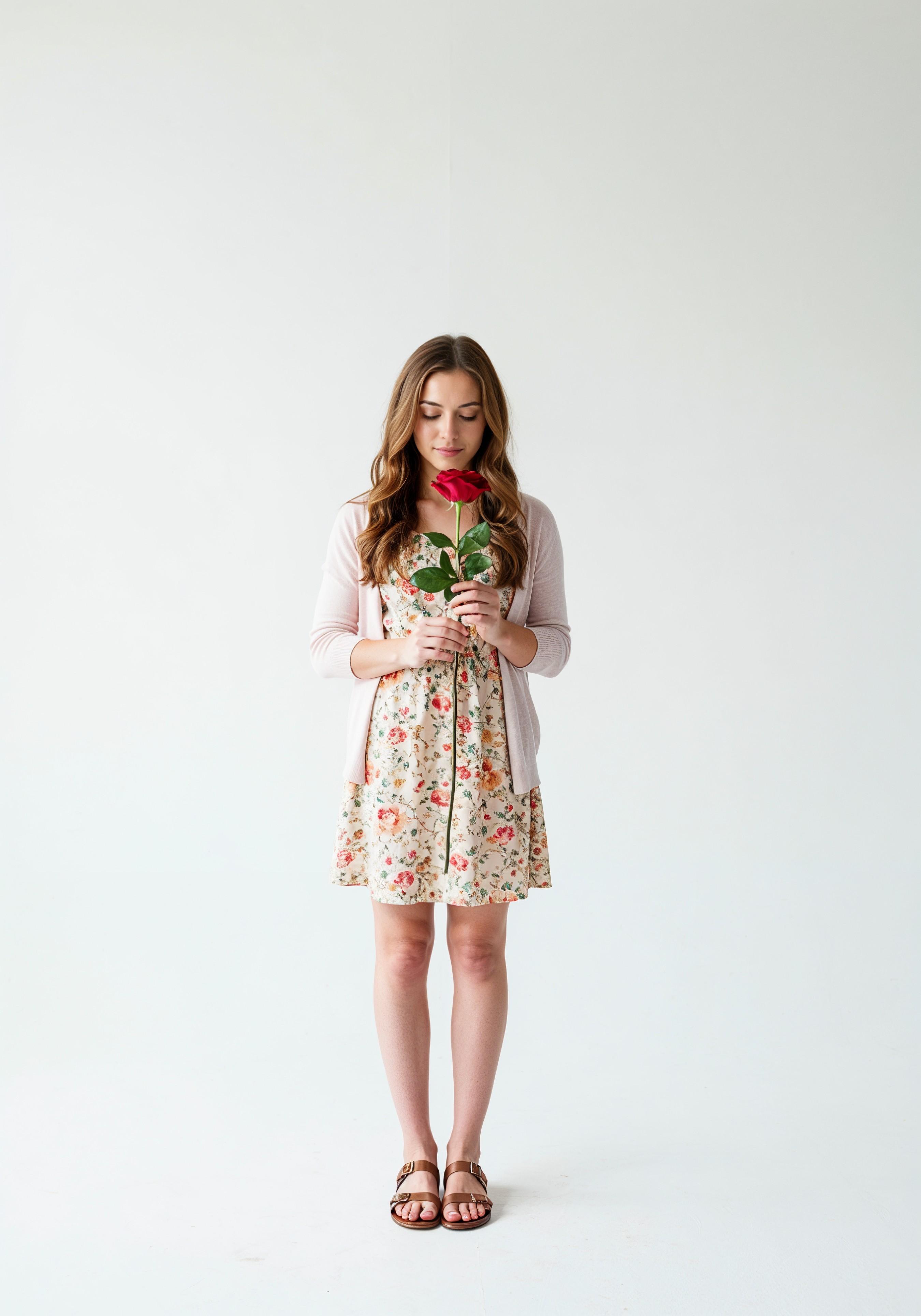 Beautiful Young Woman Holding Red Rose in Elegant Dress Romantic Portrait