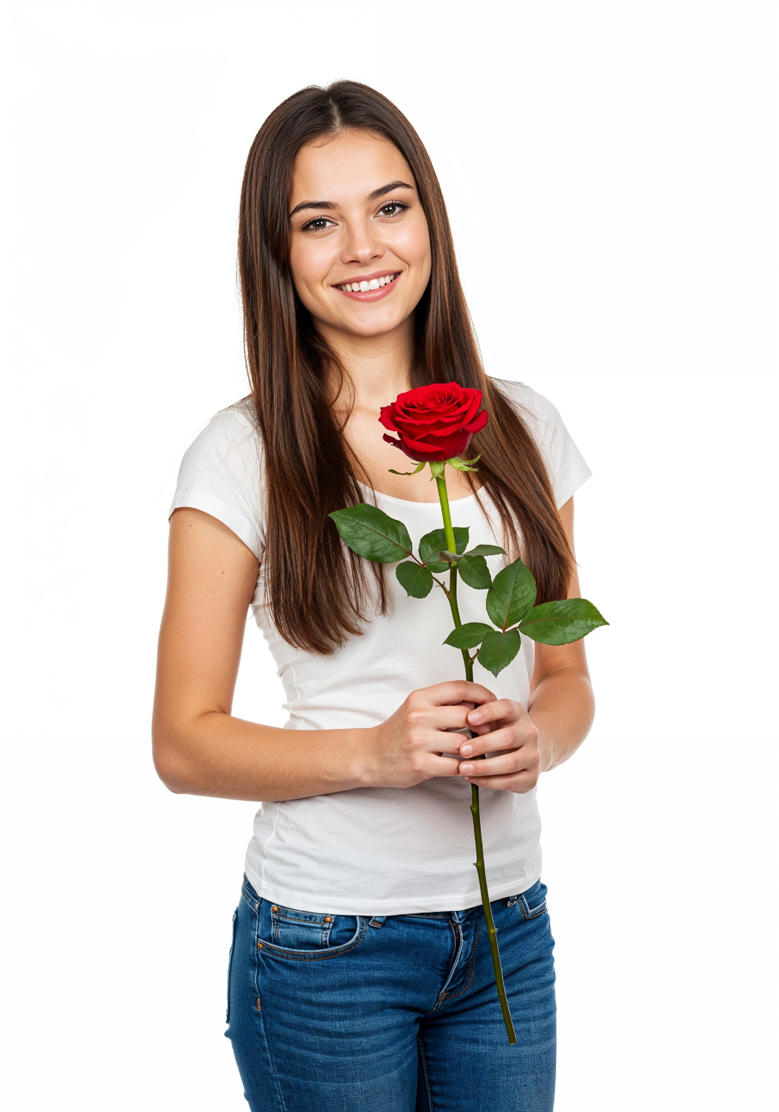 Beautiful Young Woman Holding Red Rose in Elegant Dress Romantic Portrait