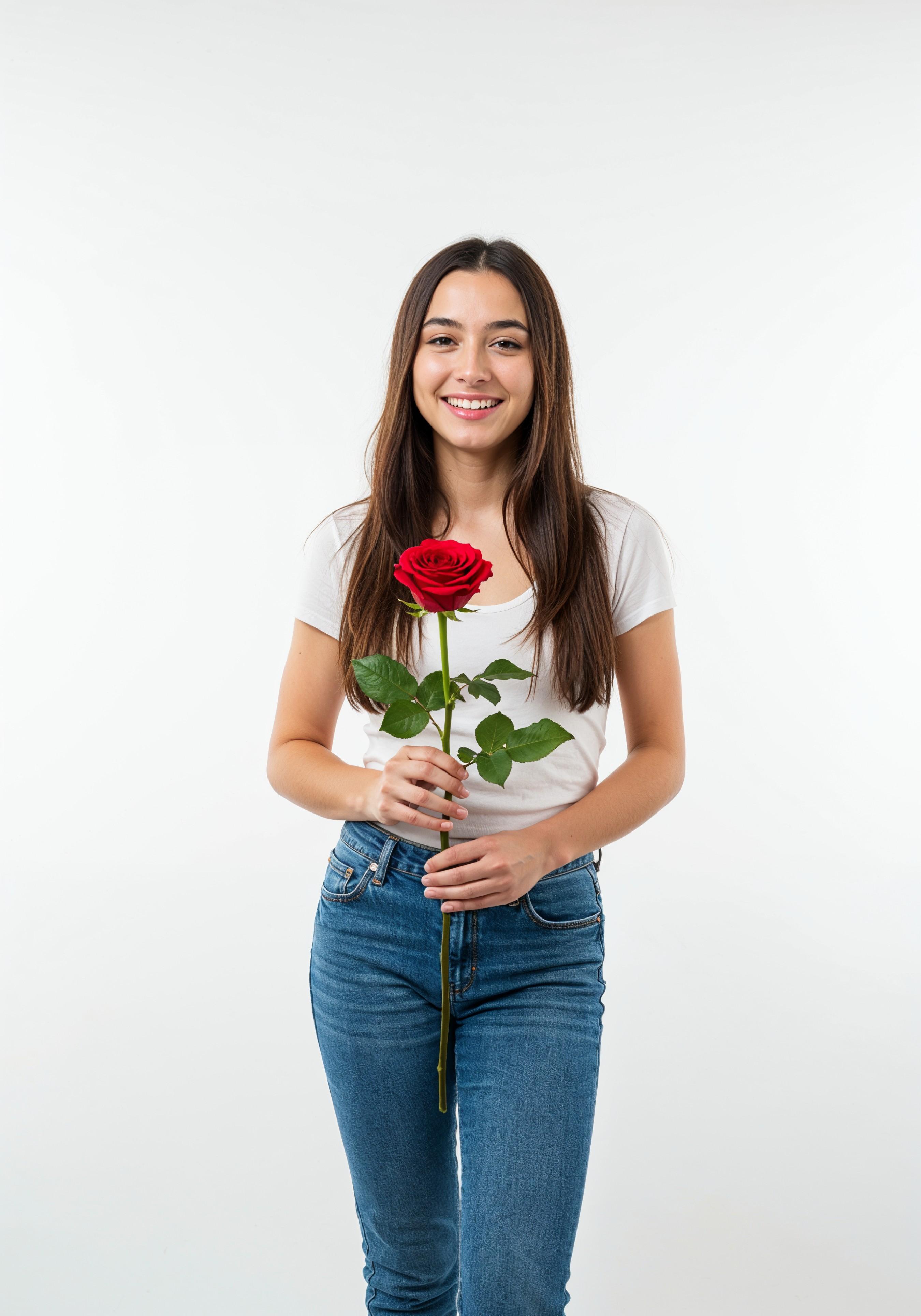 Beautiful Young Woman Holding Red Rose in Elegant Dress Romantic Portrait