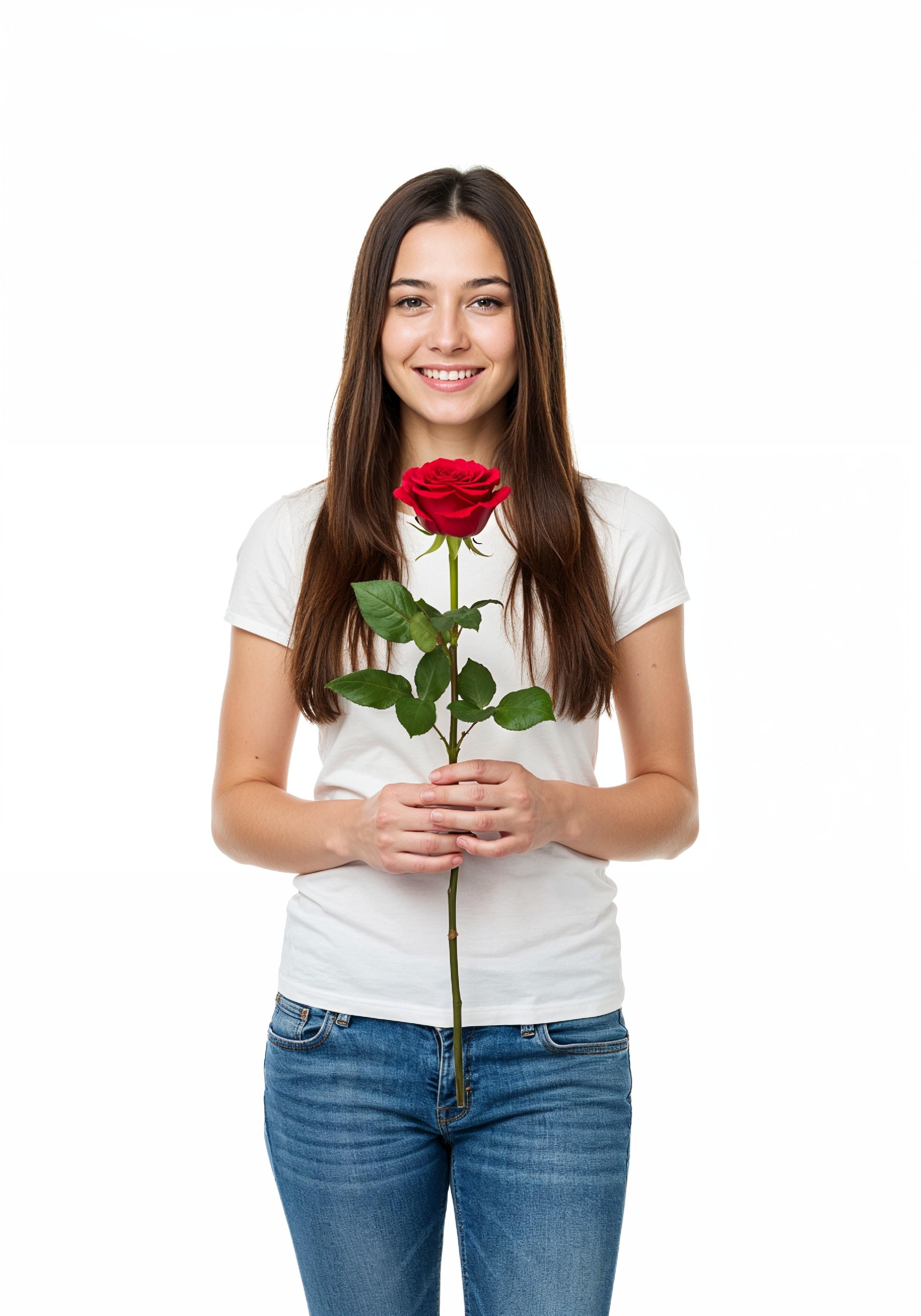 Beautiful Young Woman Holding Red Rose in Elegant Dress Romantic Portrait