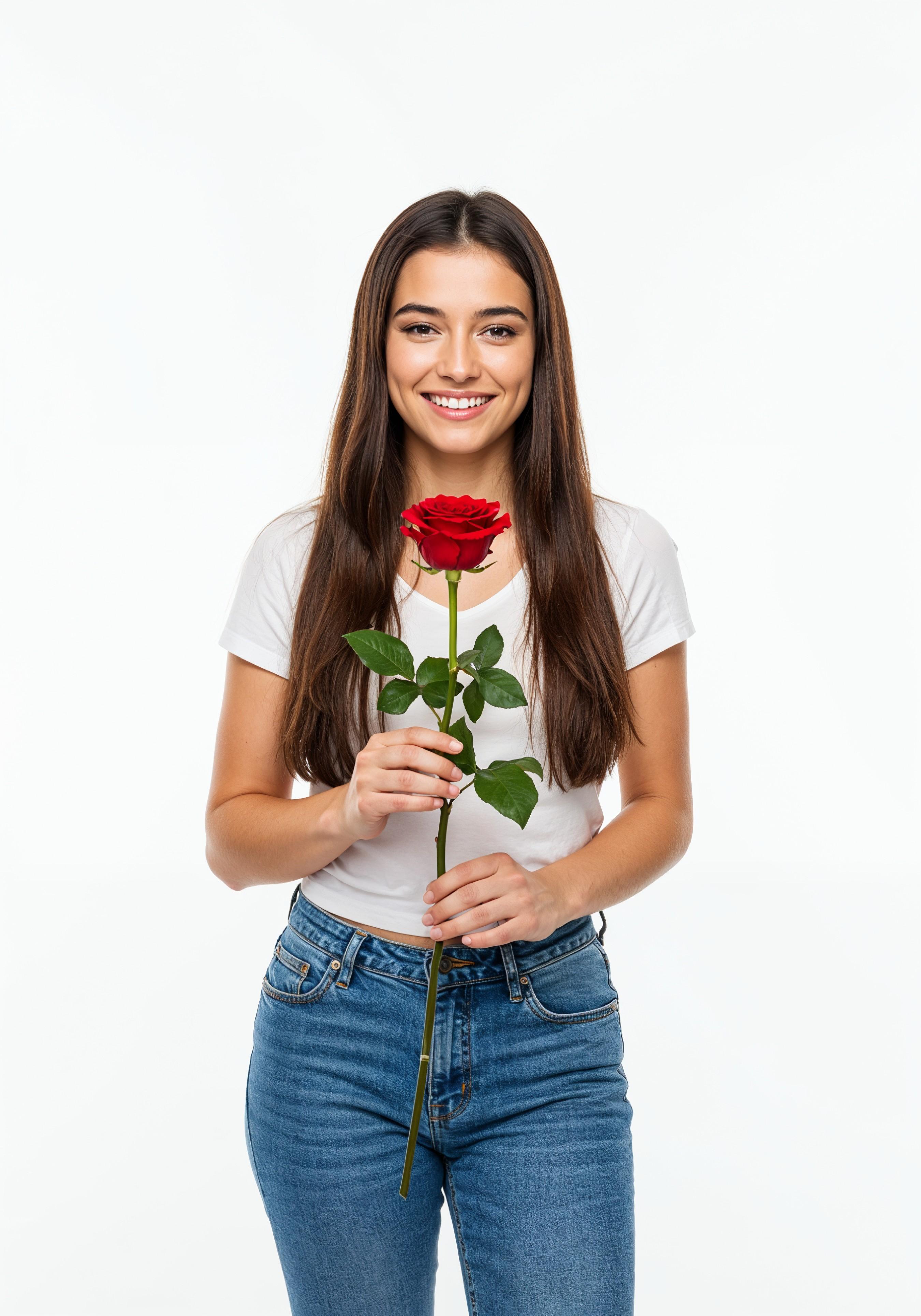 Beautiful Young Woman Holding Red Rose in Elegant Dress Romantic Portrait