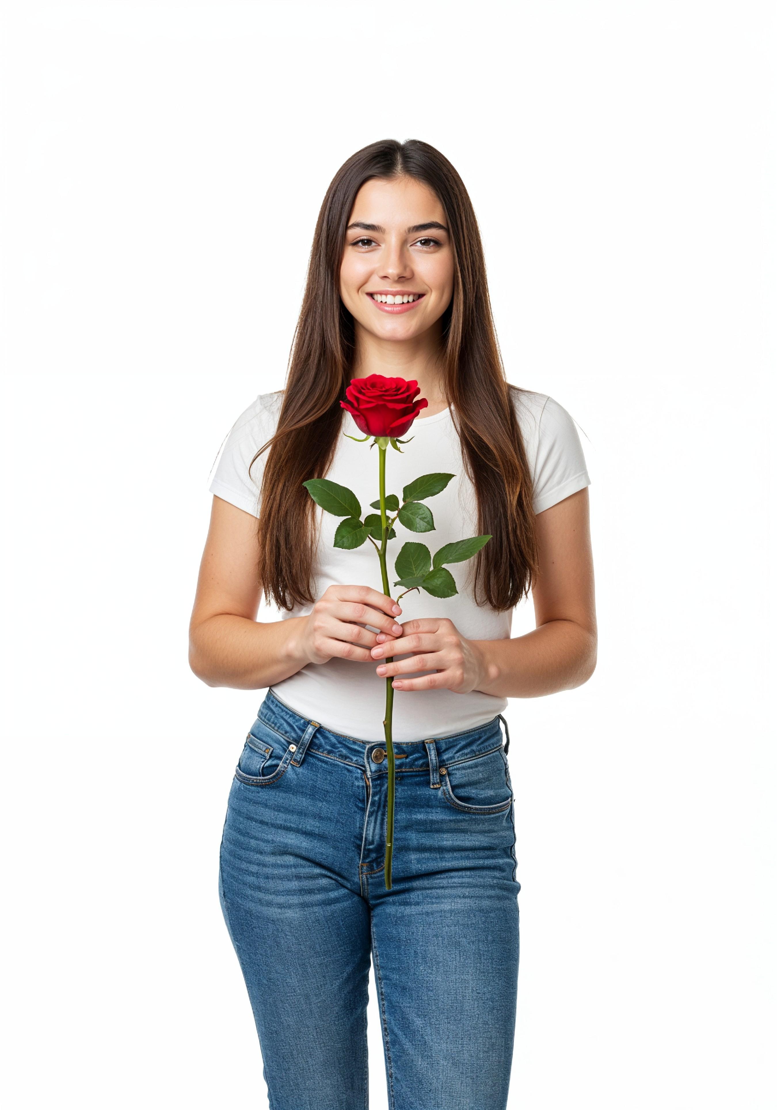 Beautiful Young Woman Holding Red Rose in Elegant Dress Romantic Portrait