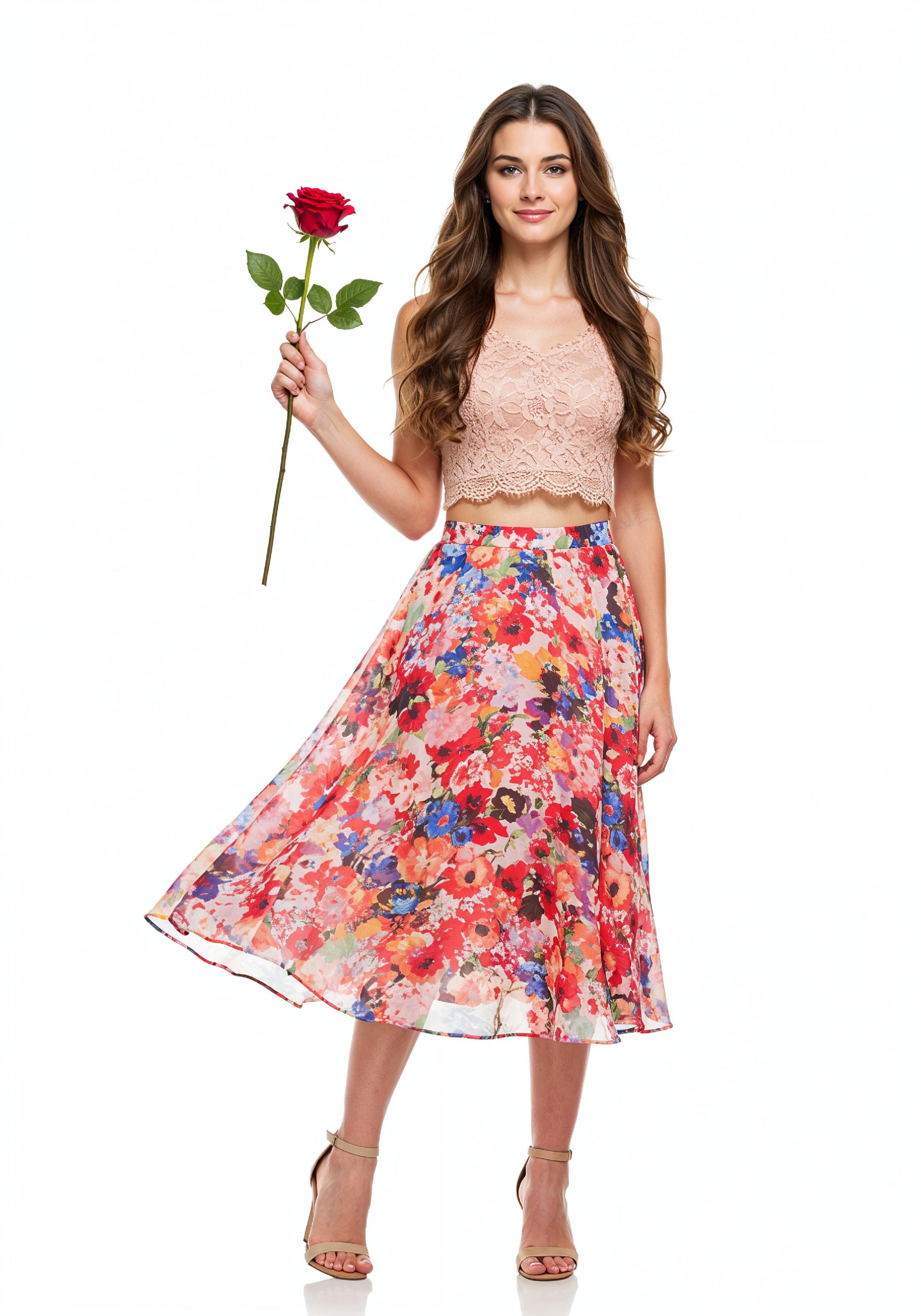 Beautiful Young Woman Holding Red Rose in Elegant Dress Romantic Portrait