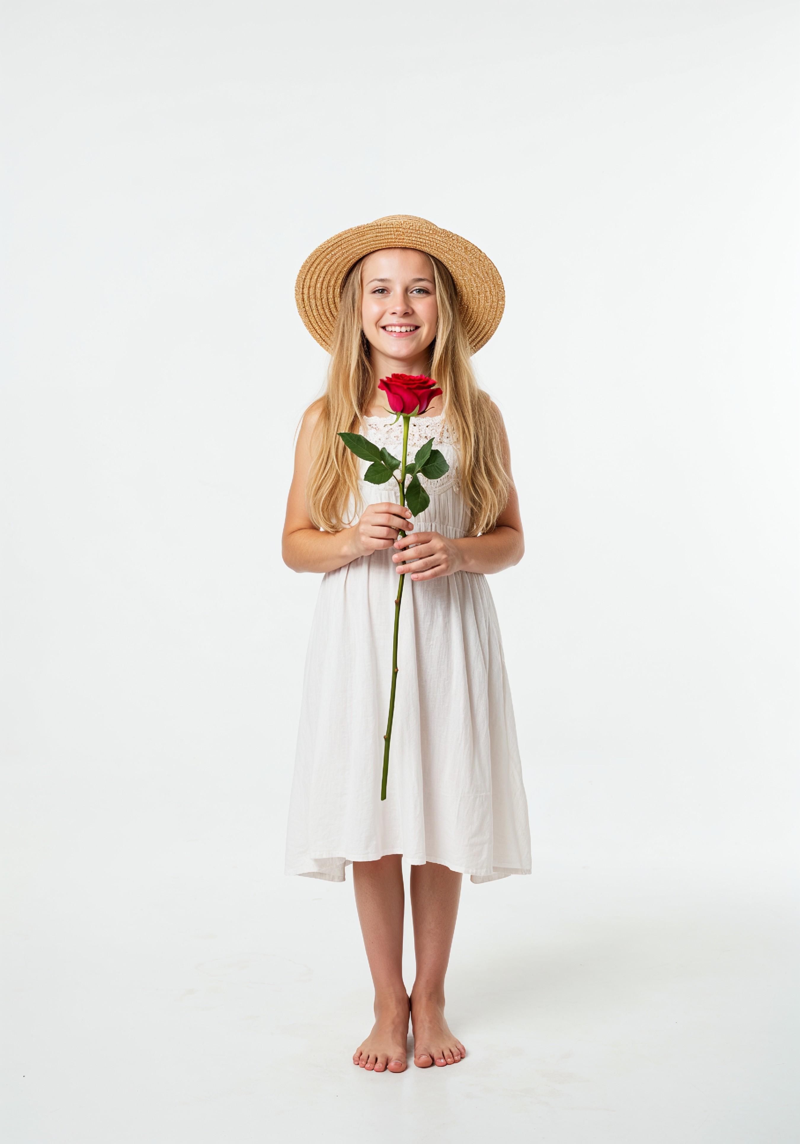 Beautiful Young Woman Holding Red Rose in Elegant Dress Romantic Portrait