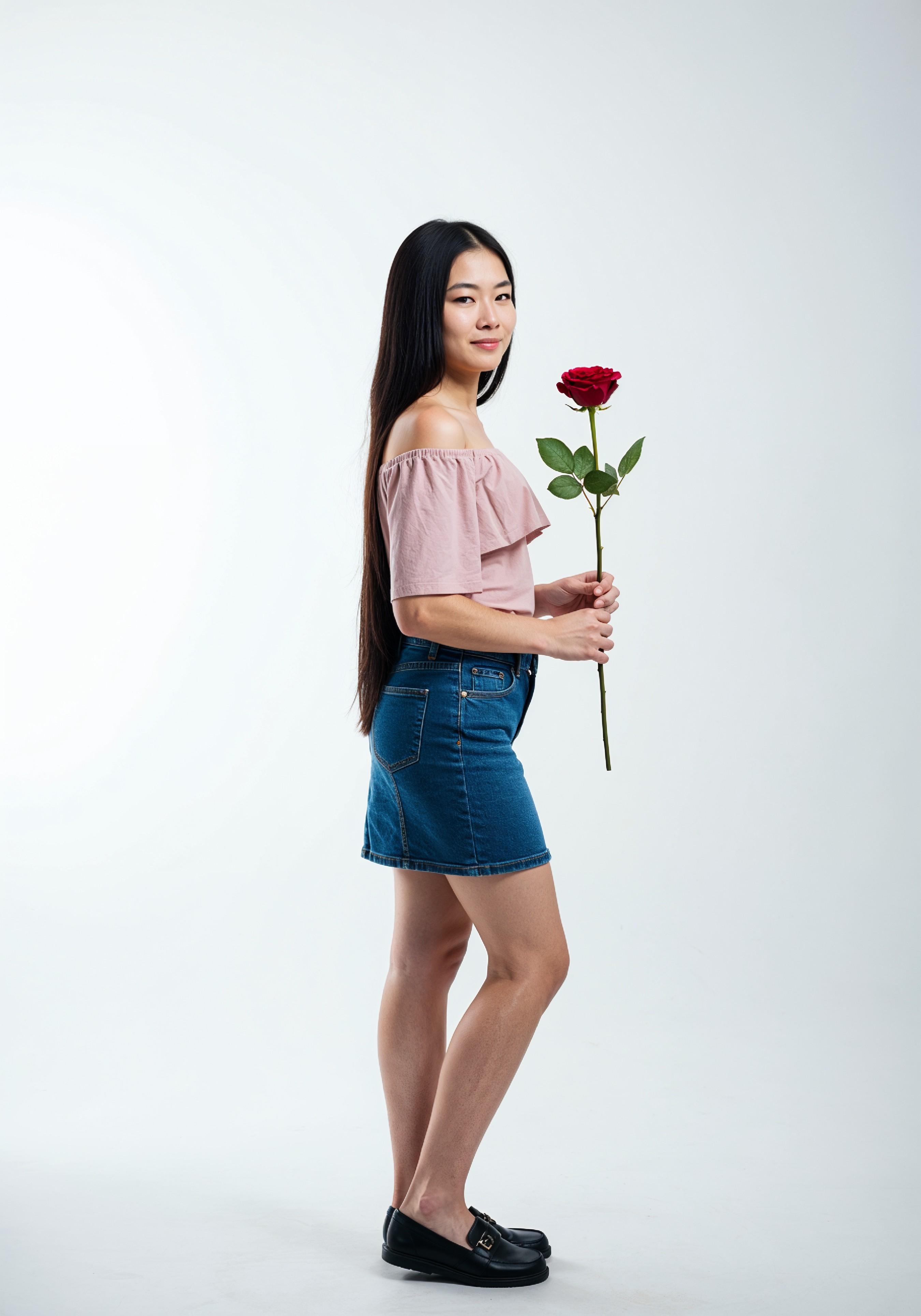 Beautiful Young Woman Holding Red Rose in Elegant Dress Romantic Portrait