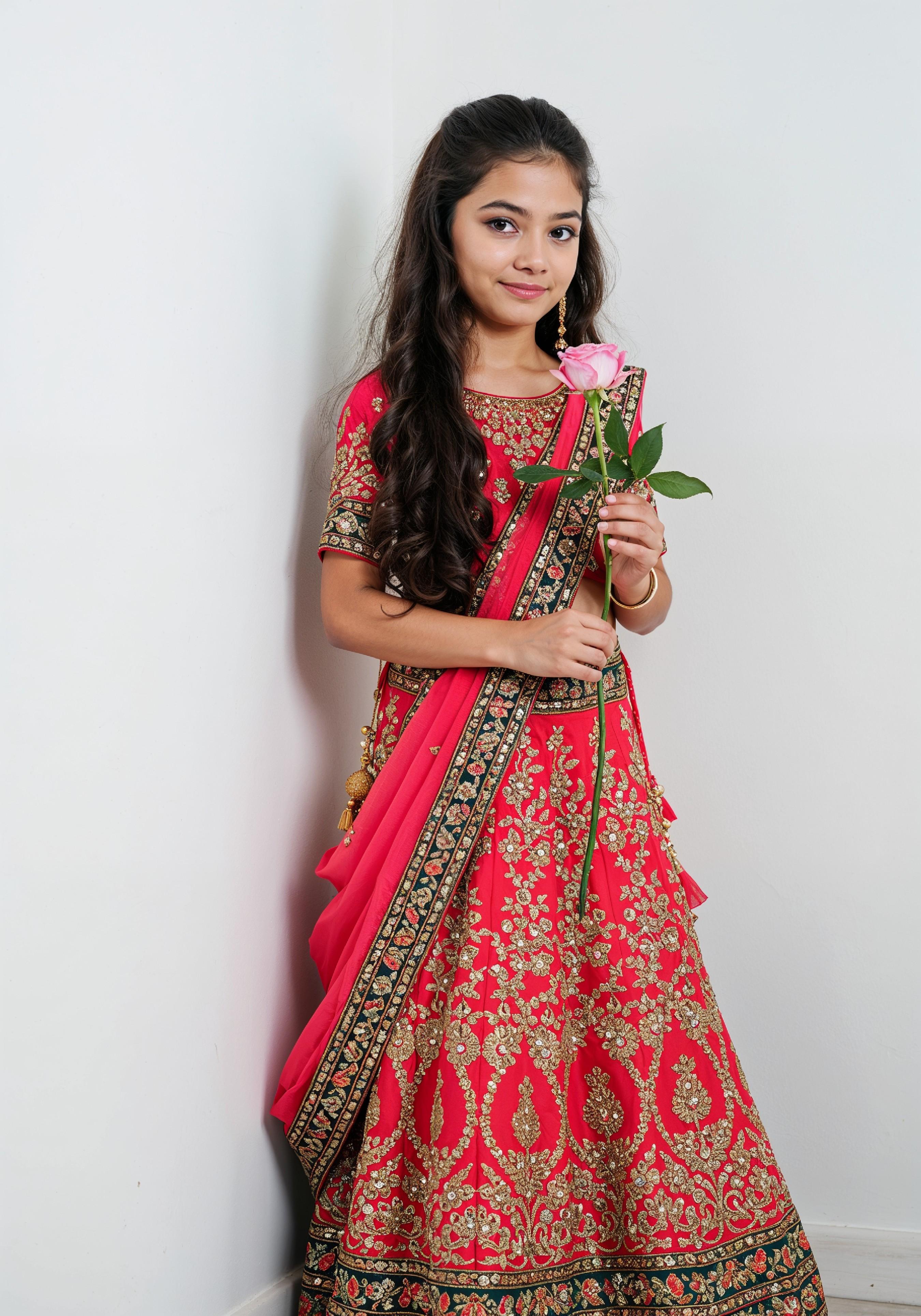 Beautiful Young Woman Holding Red Rose in Elegant Dress Romantic Portrait