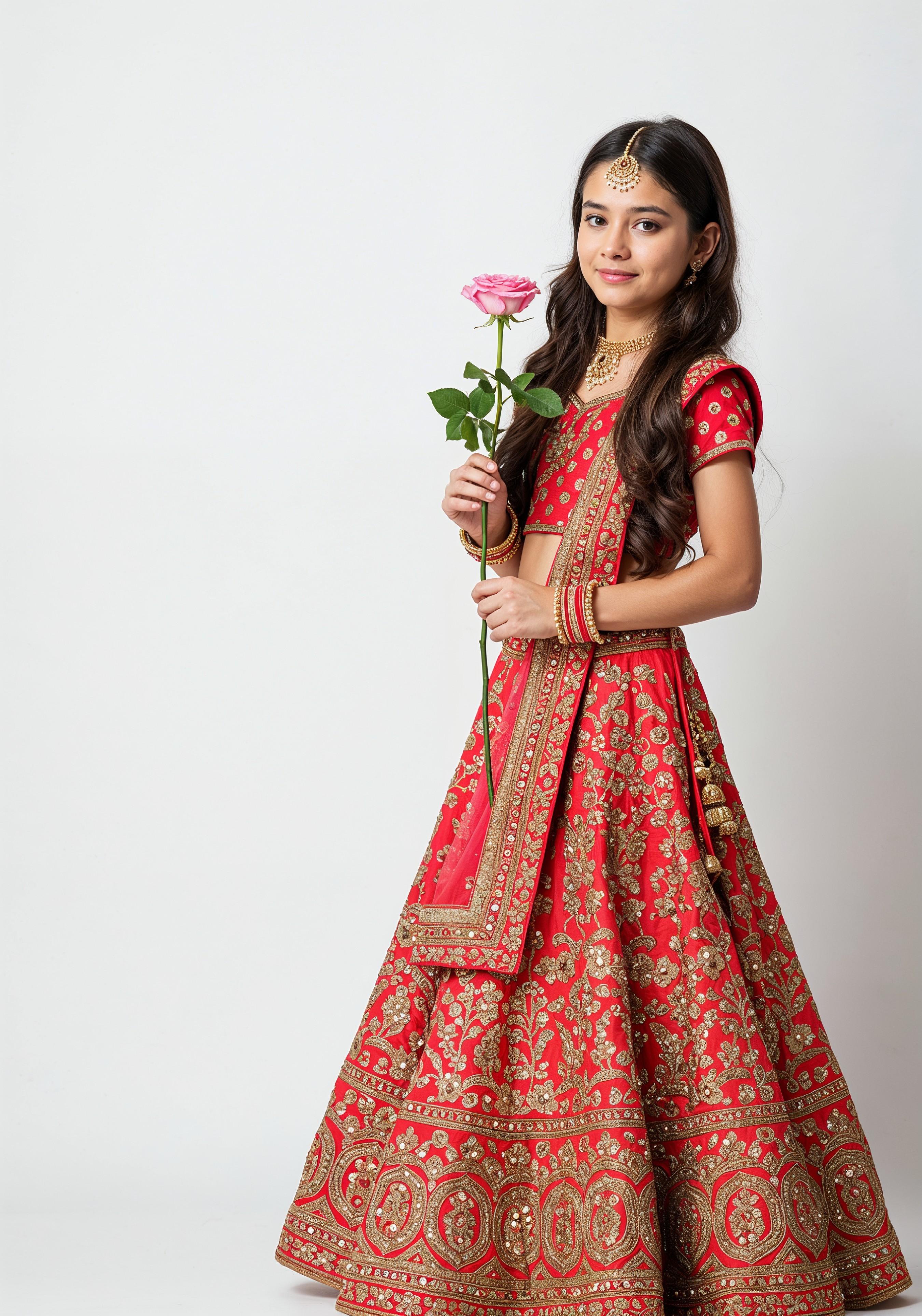 Beautiful Young Woman Holding Red Rose in Elegant Dress Romantic Portrait