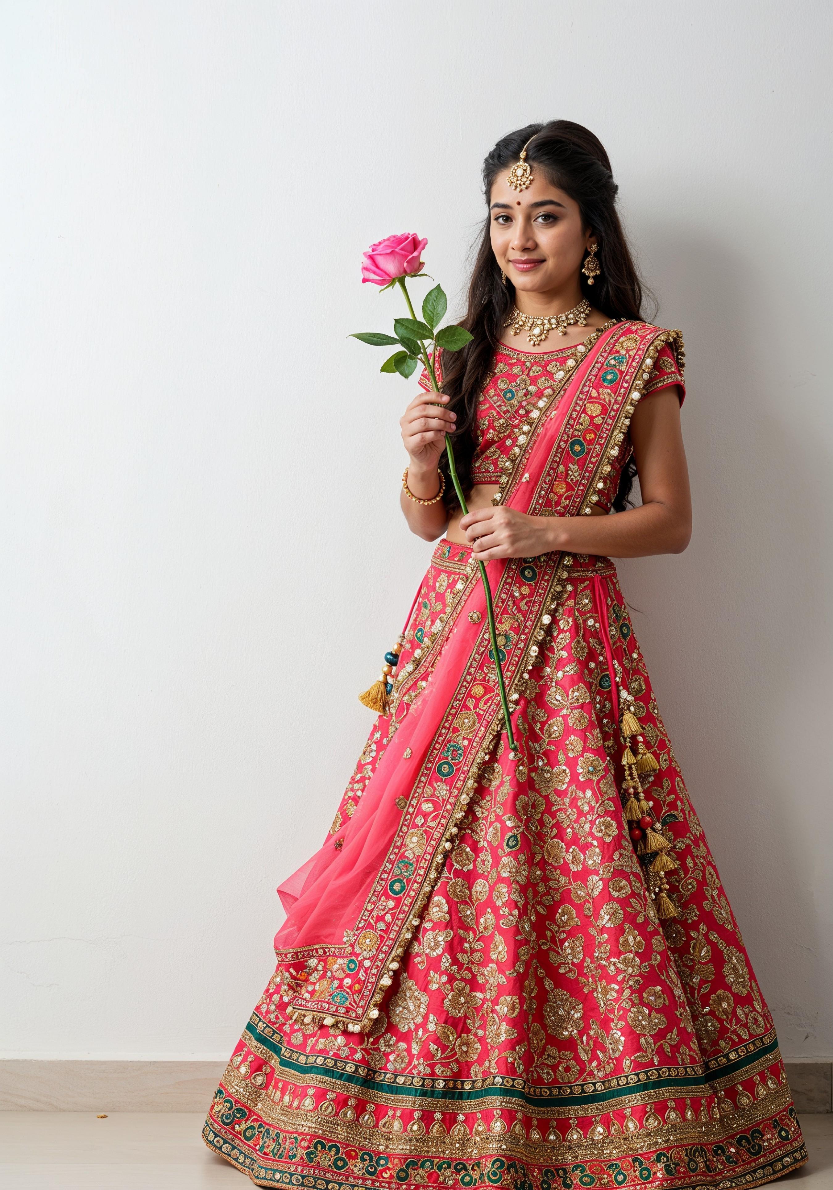 Beautiful Young Woman Holding Red Rose in Elegant Dress Romantic Portrait