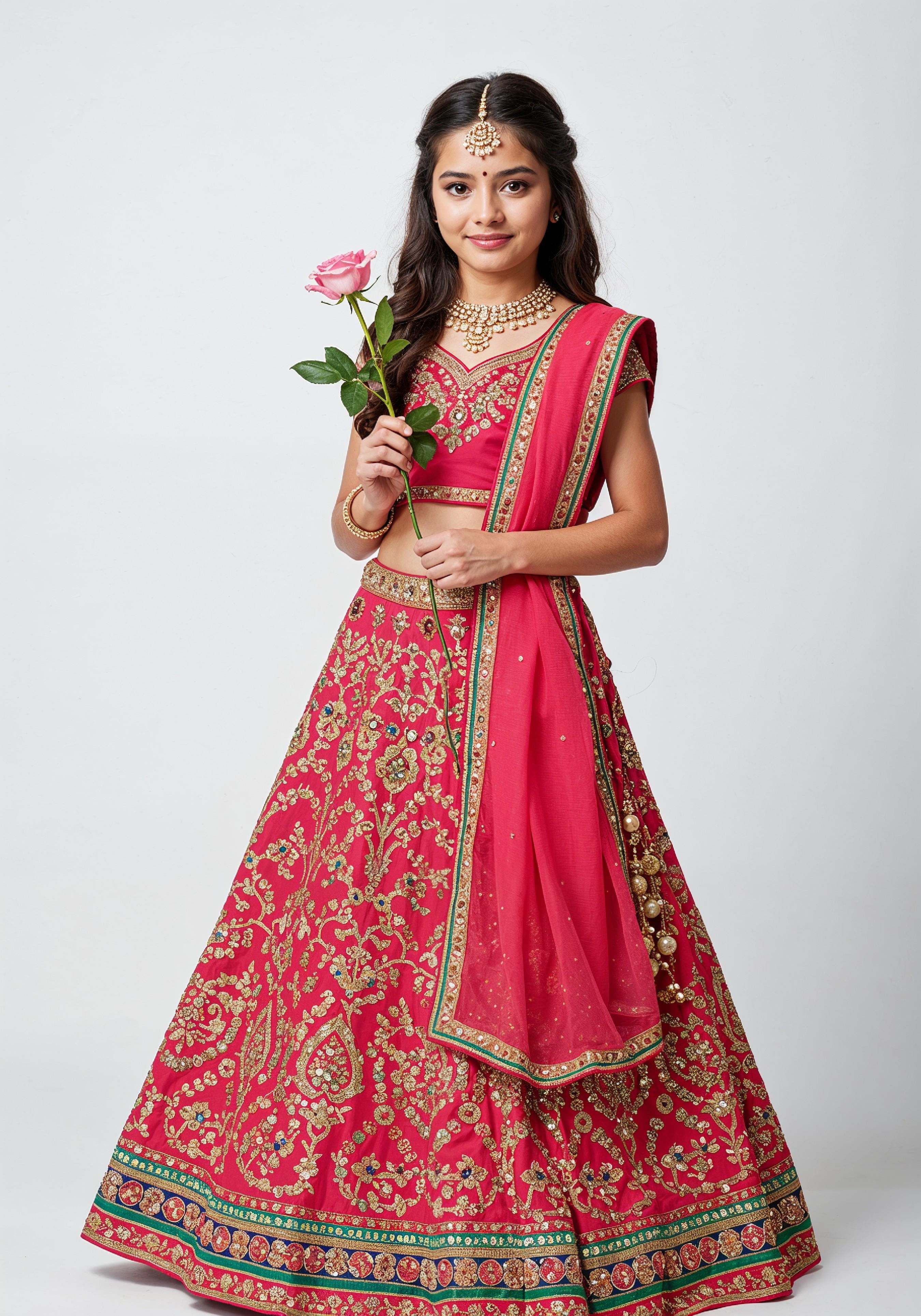 Beautiful Young Woman Holding Red Rose in Elegant Dress Romantic Portrait