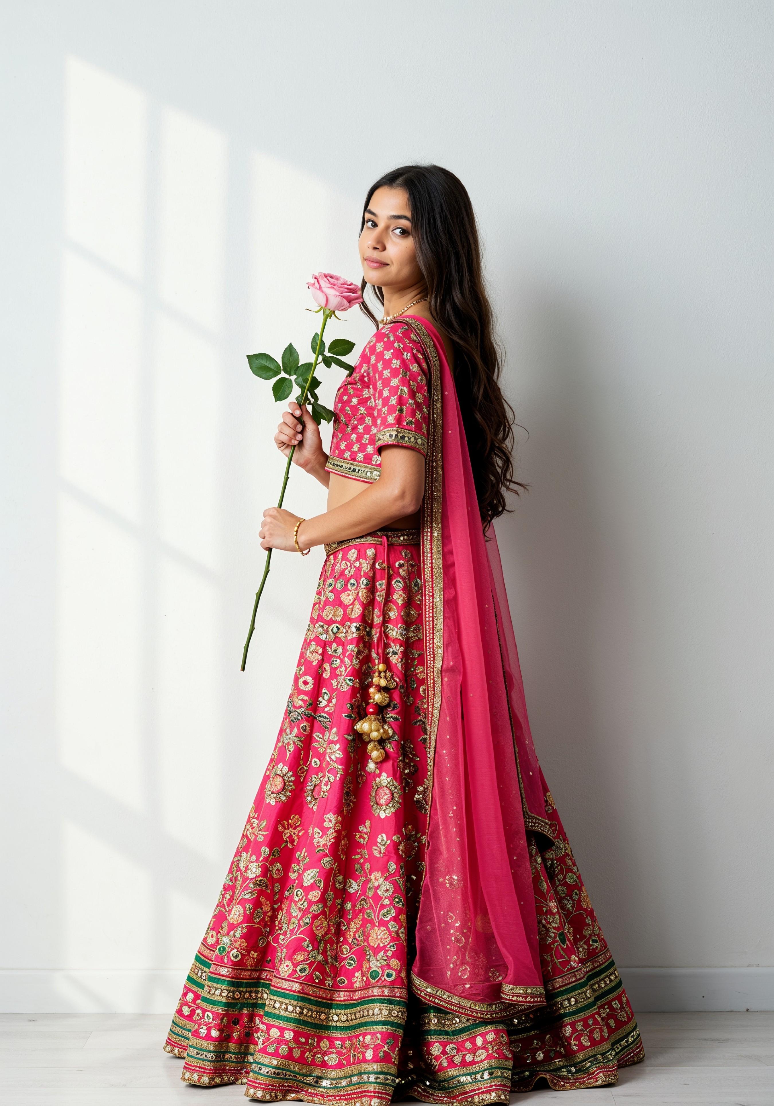 Beautiful Young Woman Holding Red Rose in Elegant Dress Romantic Portrait