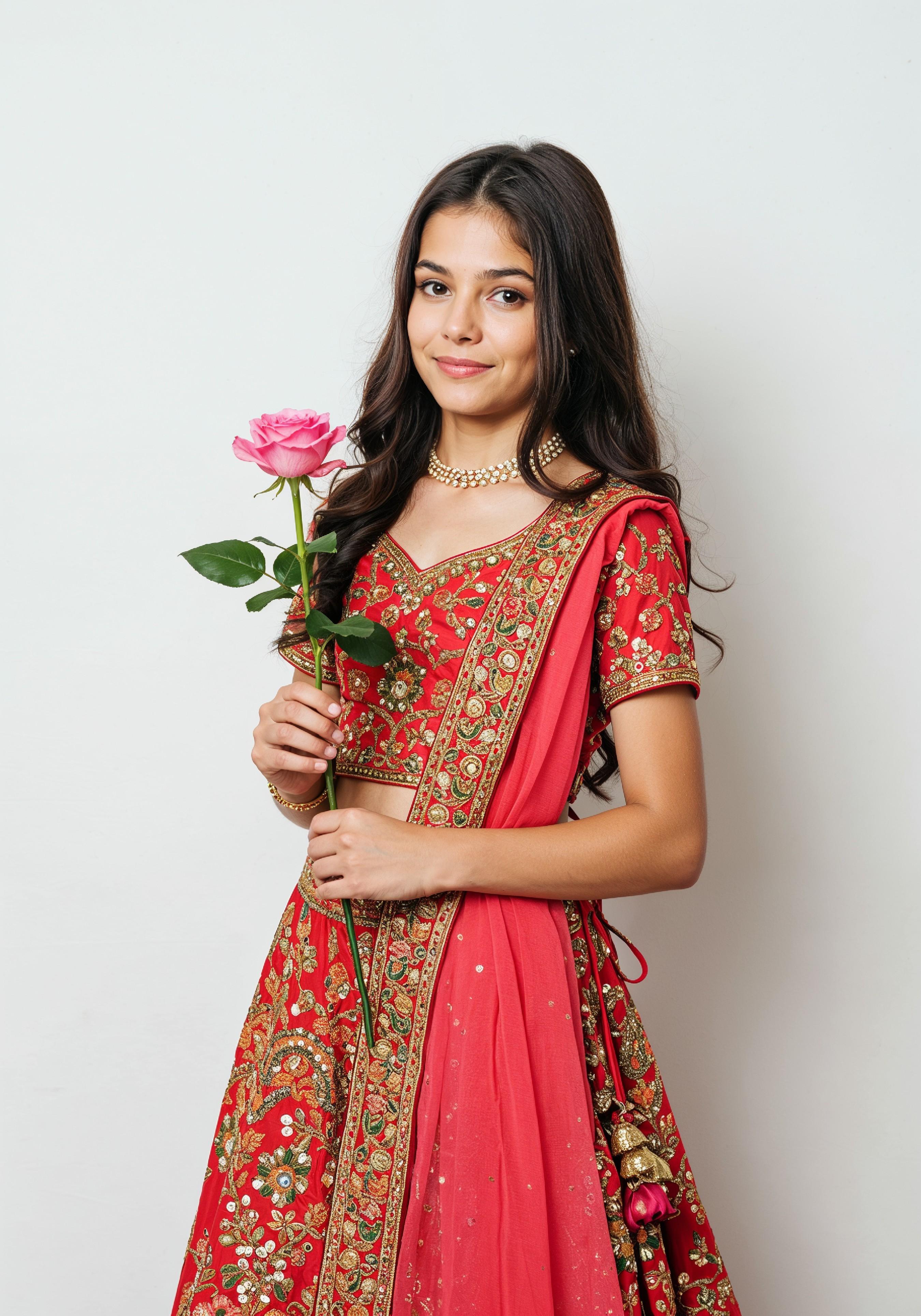 Beautiful Young Woman Holding Red Rose in Elegant Dress Romantic Portrait