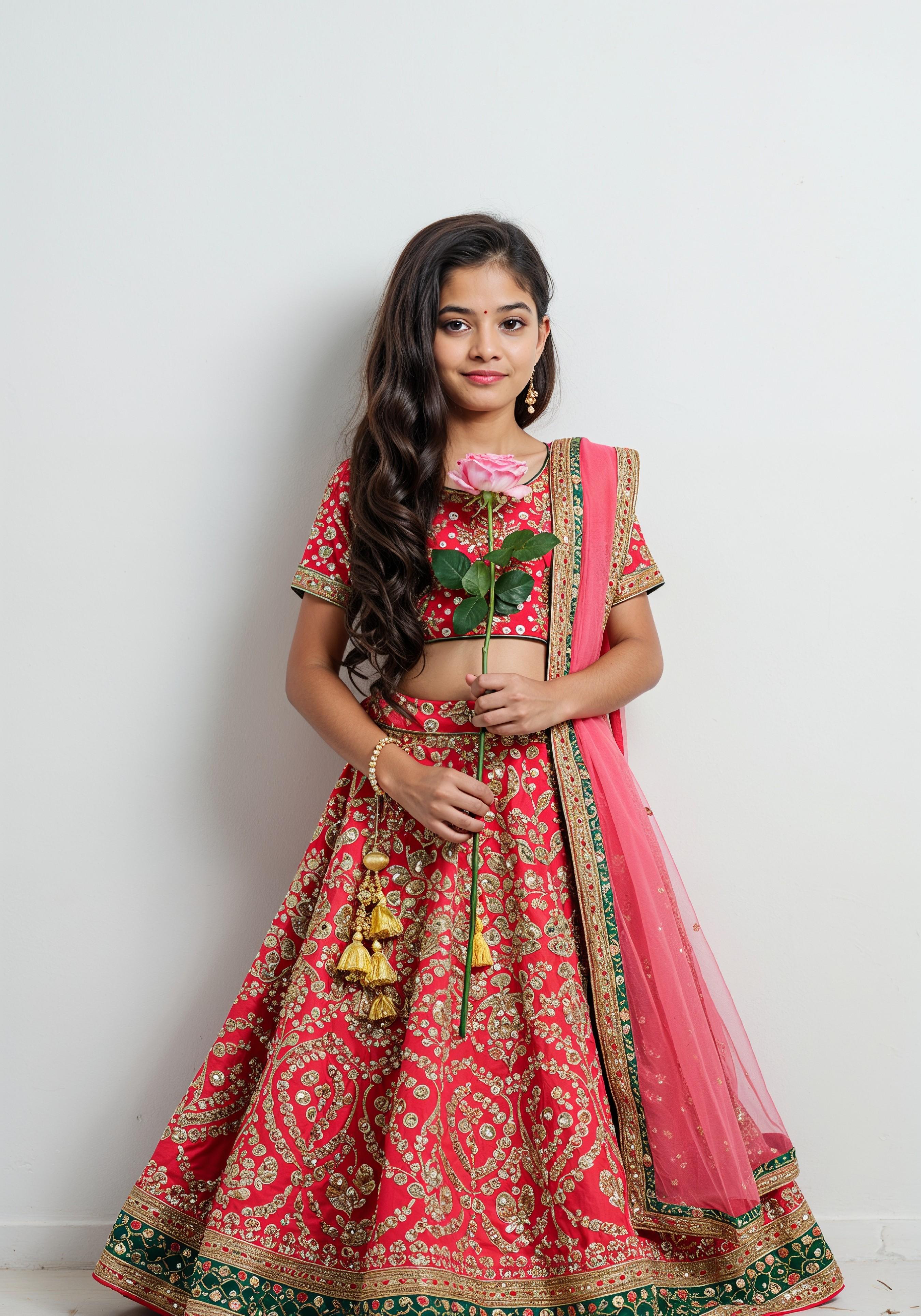 Beautiful Young Woman Holding Red Rose in Elegant Dress Romantic Portrait
