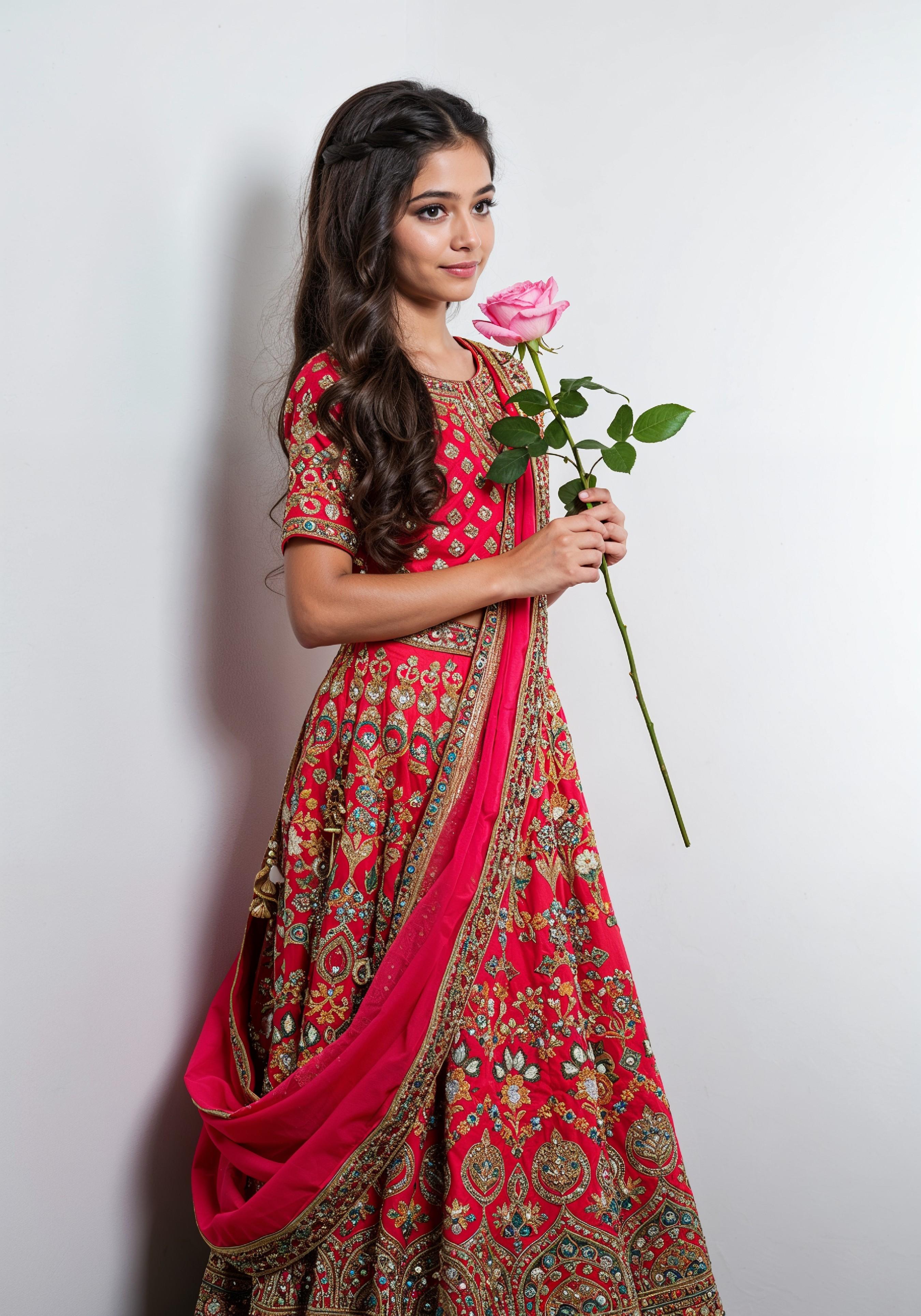 Beautiful Young Woman Holding Red Rose in Elegant Dress Romantic Portrait
