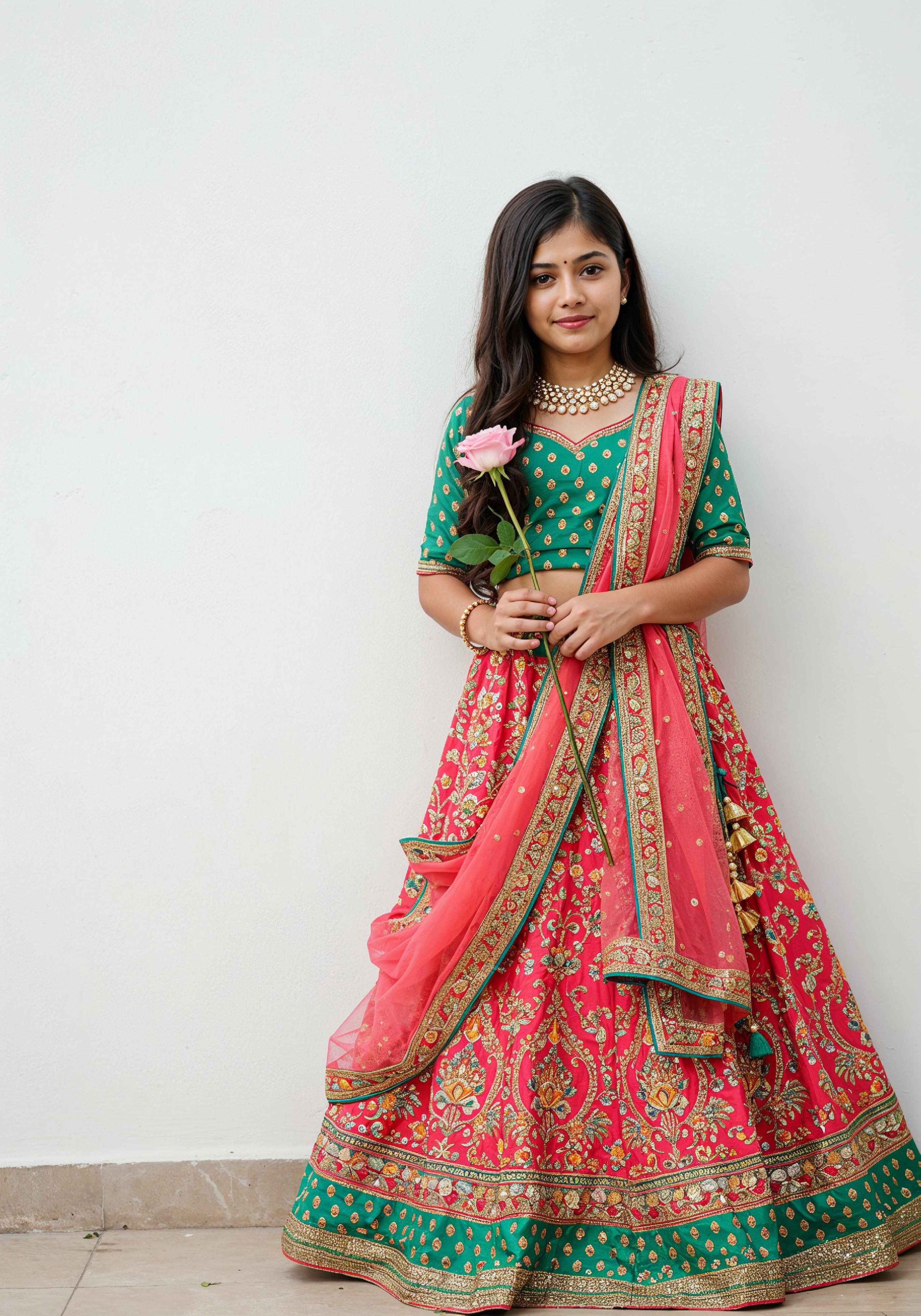 Beautiful Young Woman Holding Red Rose in Elegant Dress Romantic Portrait