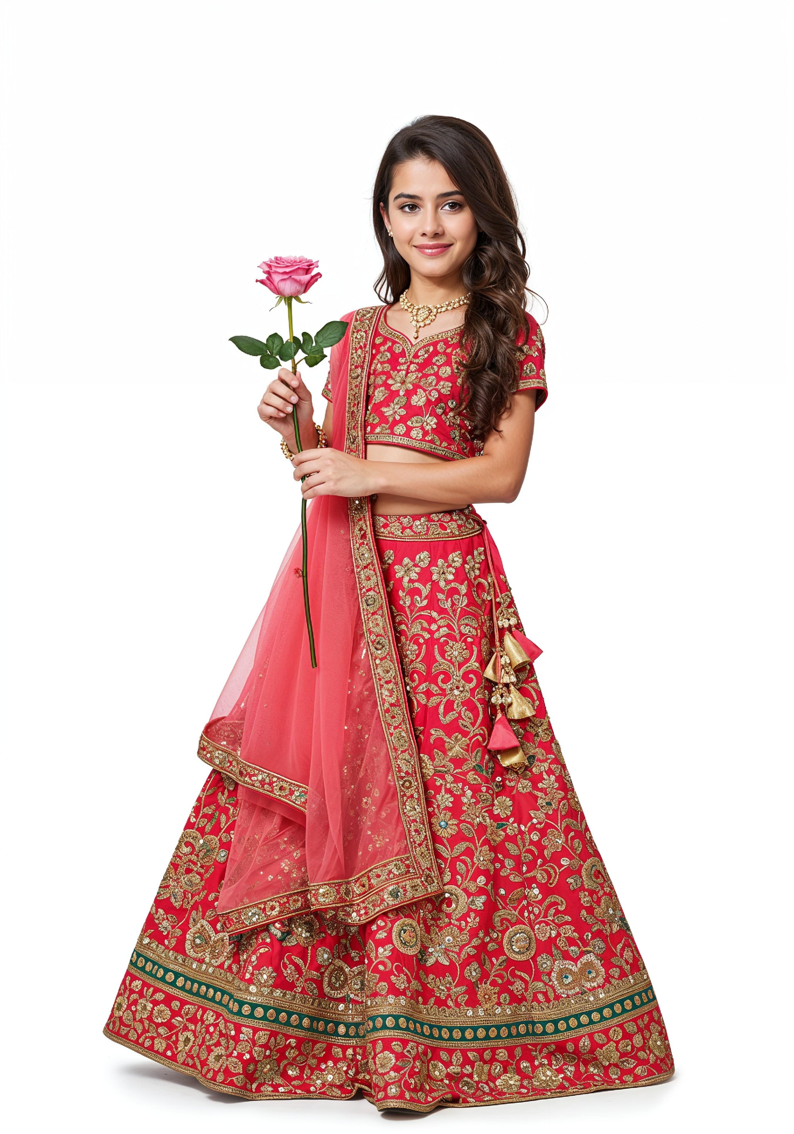 Beautiful Young Woman Holding Red Rose in Elegant Dress Romantic Portrait