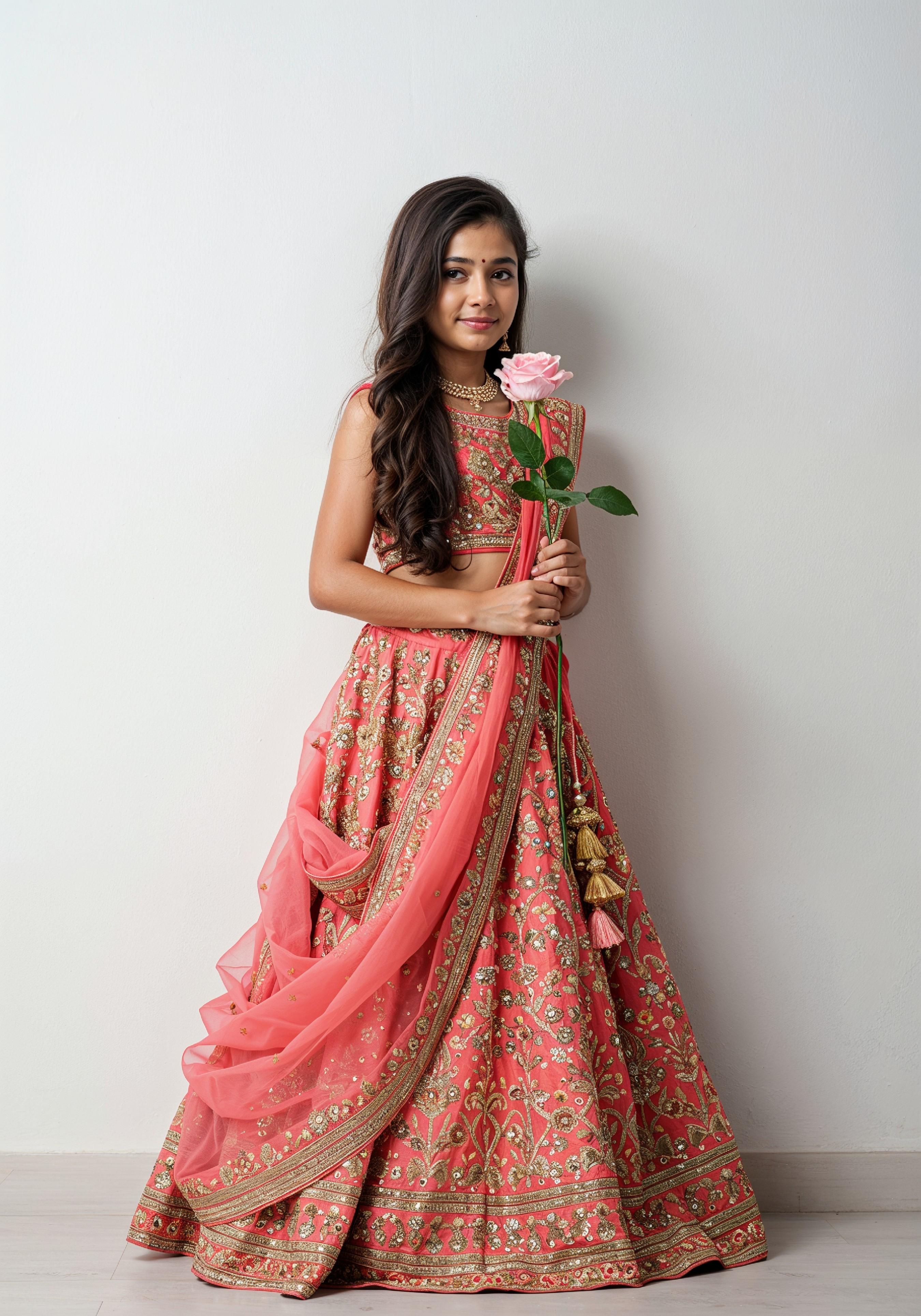 Beautiful Young Woman Holding Red Rose in Elegant Dress Romantic Portrait