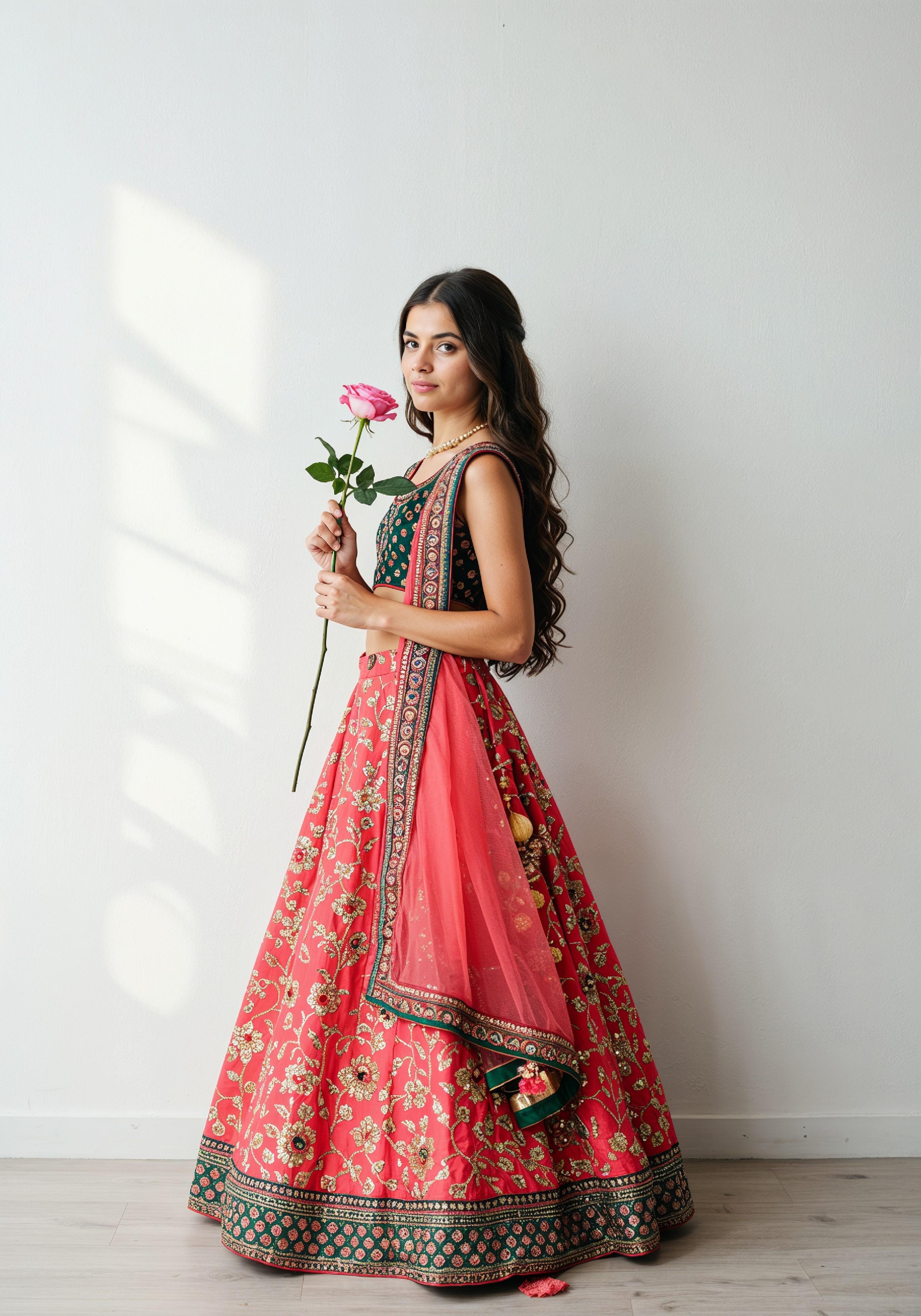 Beautiful Young Woman Holding Red Rose in Elegant Dress Romantic Portrait