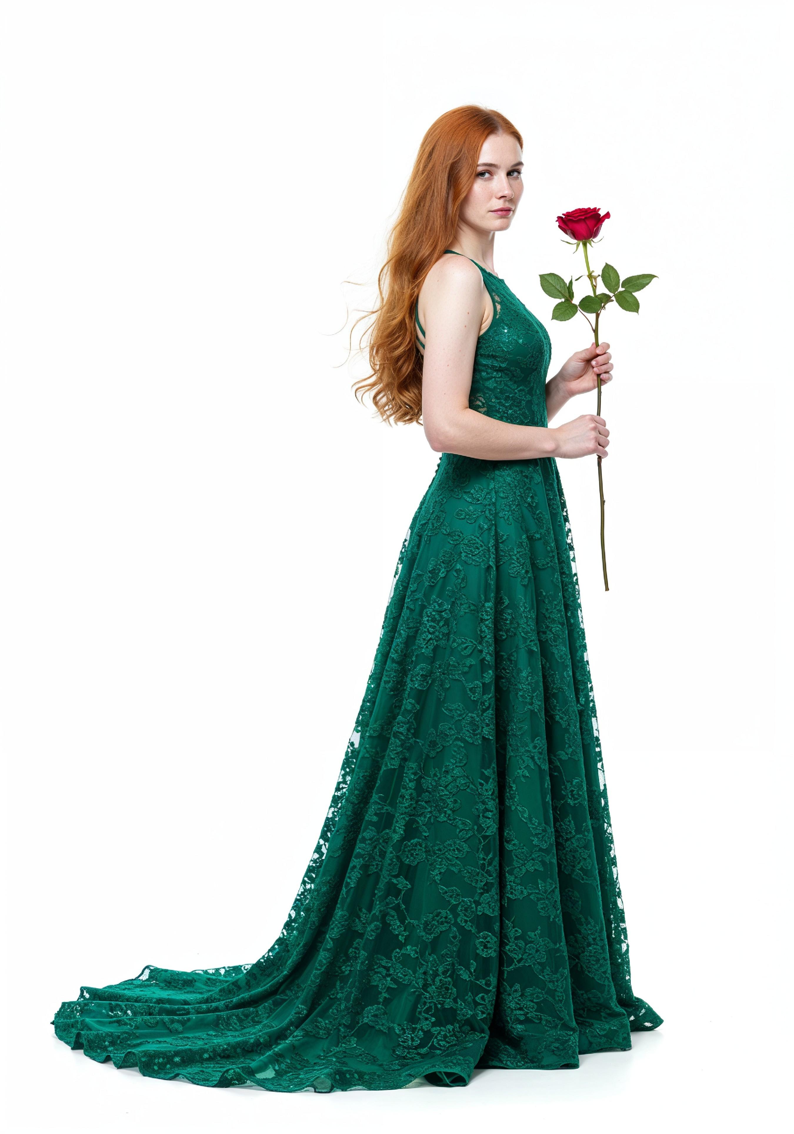 Beautiful Young Woman Holding Red Rose in Elegant Dress Romantic Portrait