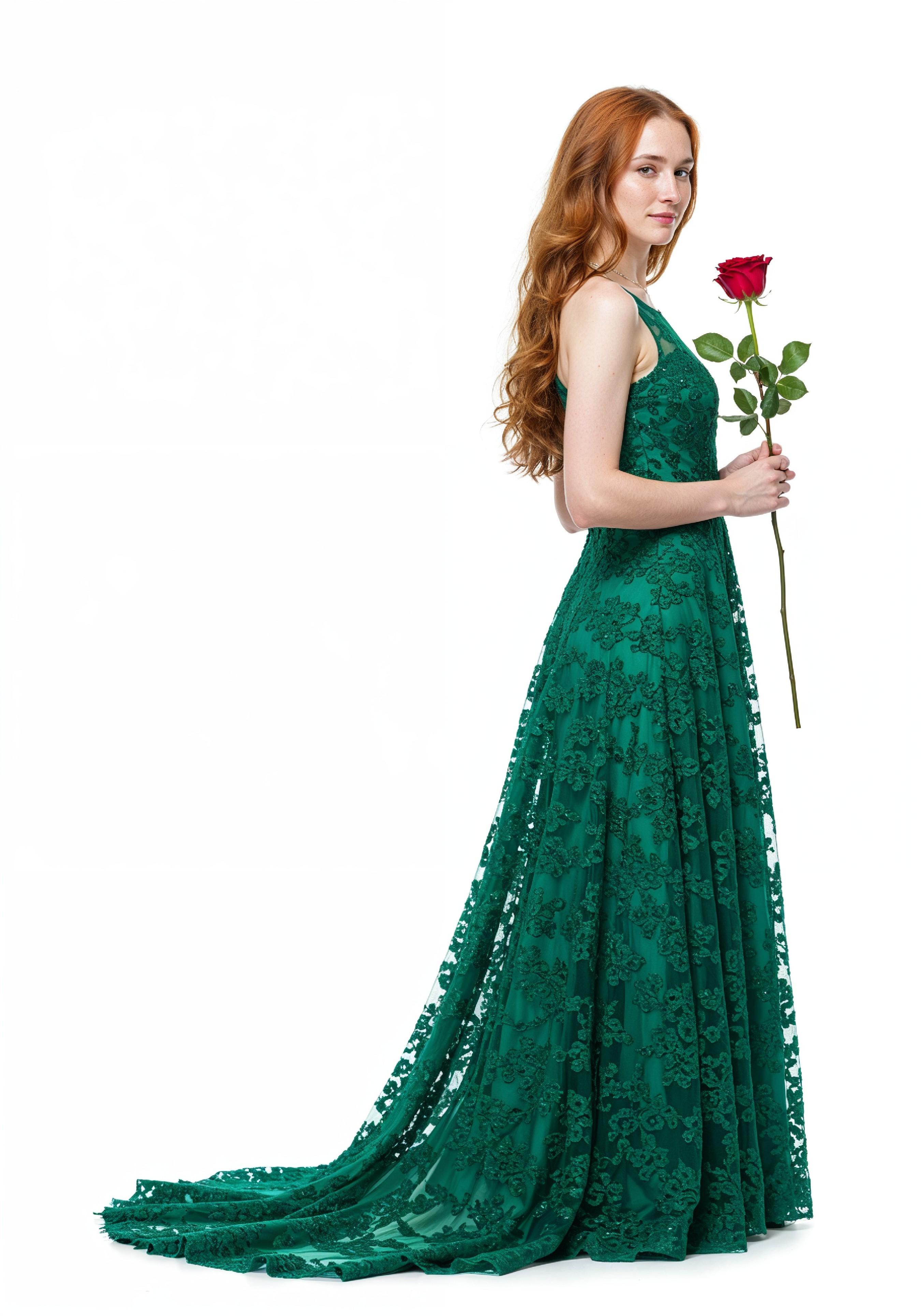 Beautiful Young Woman Holding Red Rose in Elegant Dress Romantic Portrait
