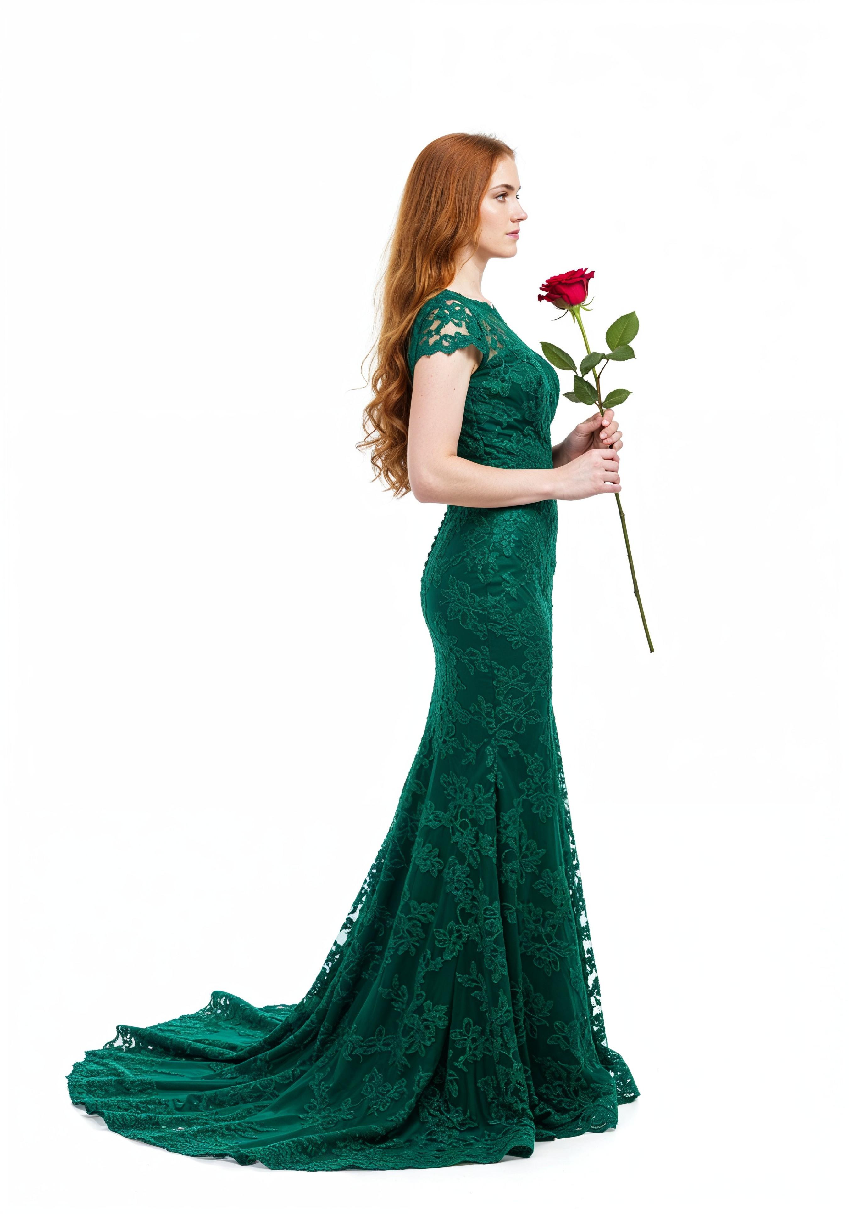 Beautiful Young Woman Holding Red Rose in Elegant Dress Romantic Portrait