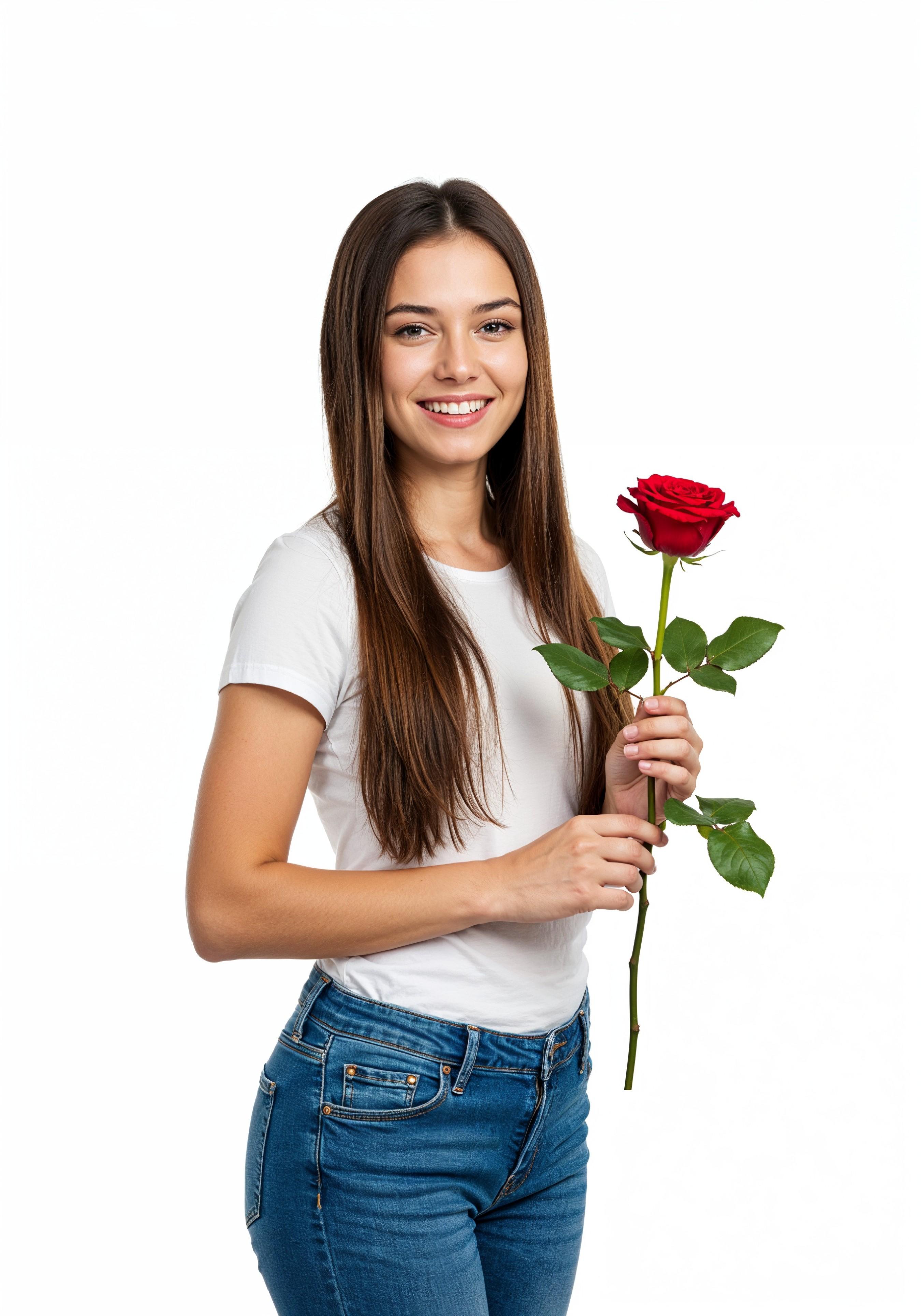 Beautiful Young Woman Holding Red Rose in Elegant Dress Romantic Portrait