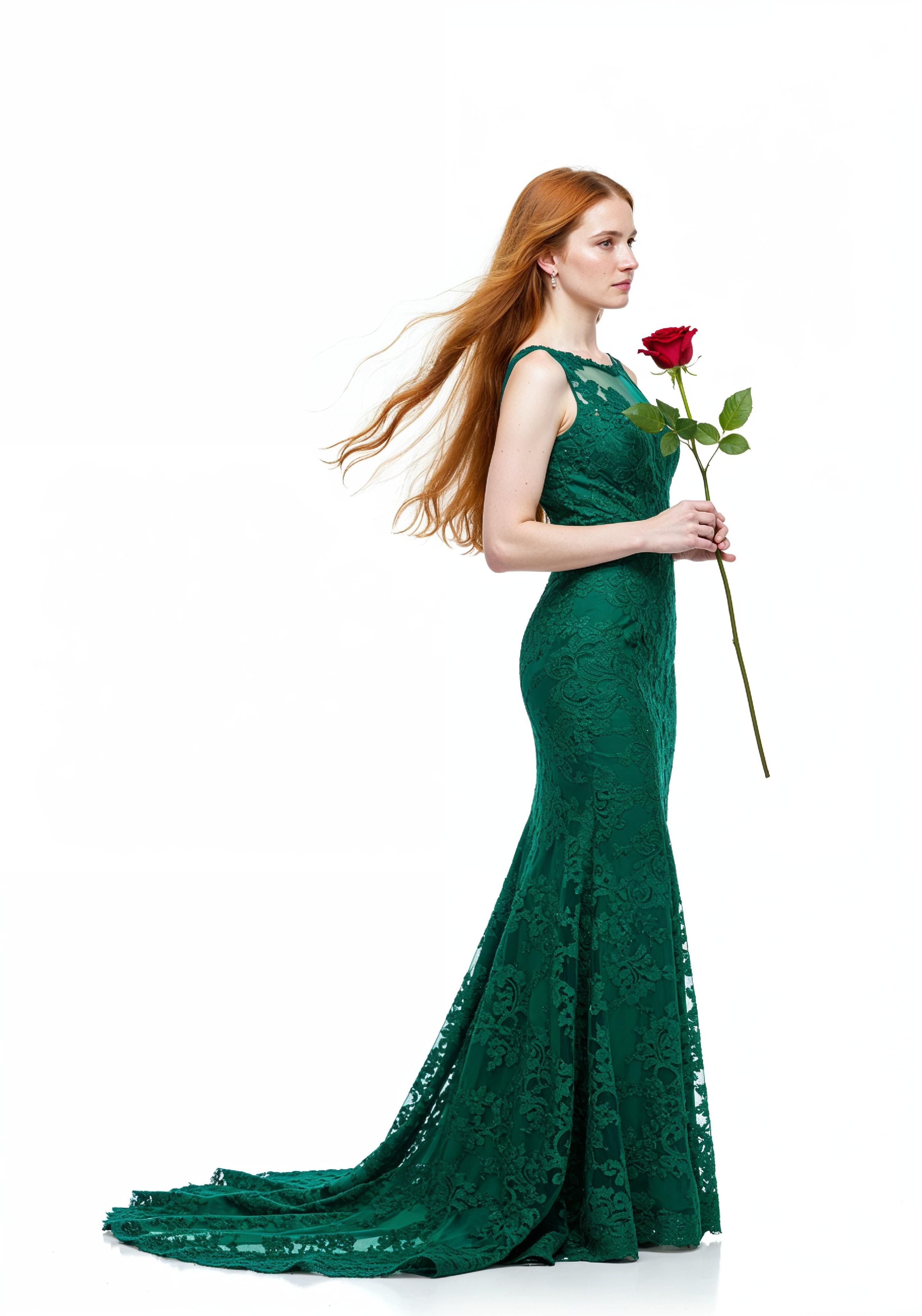 Beautiful Young Woman Holding Red Rose in Elegant Dress Romantic Portrait
