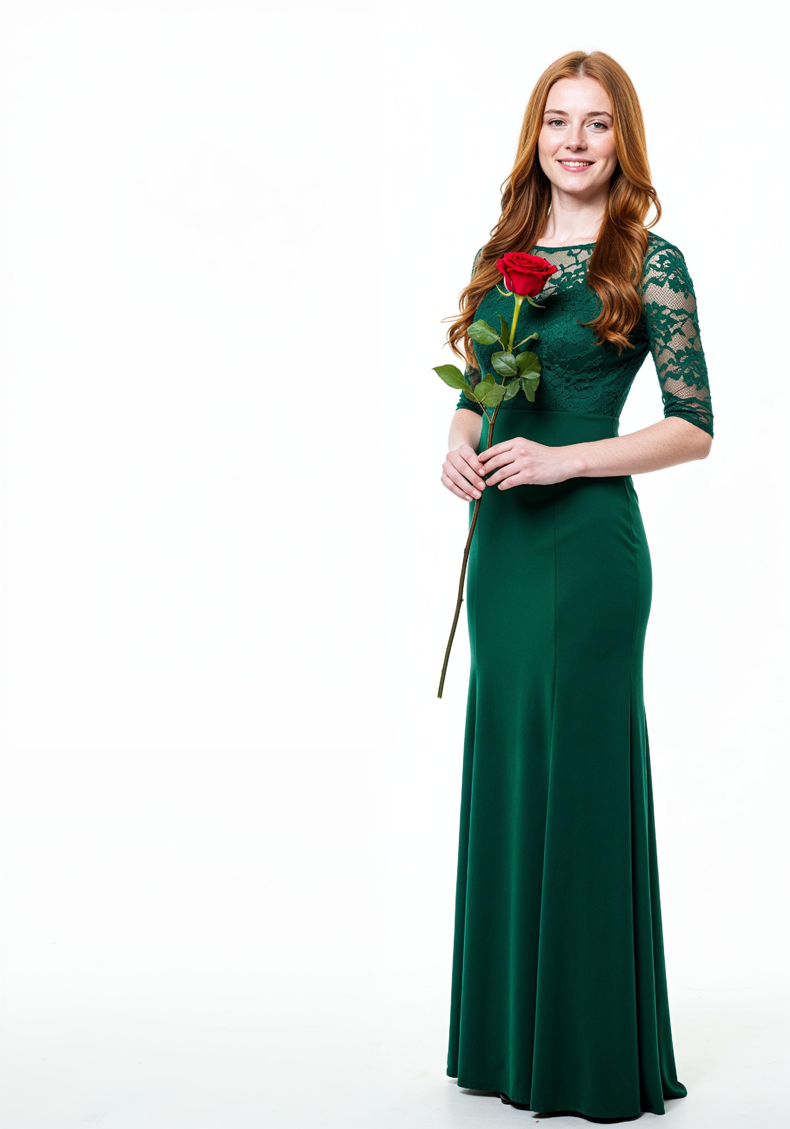 Beautiful Young Woman Holding Red Rose in Elegant Dress Romantic Portrait