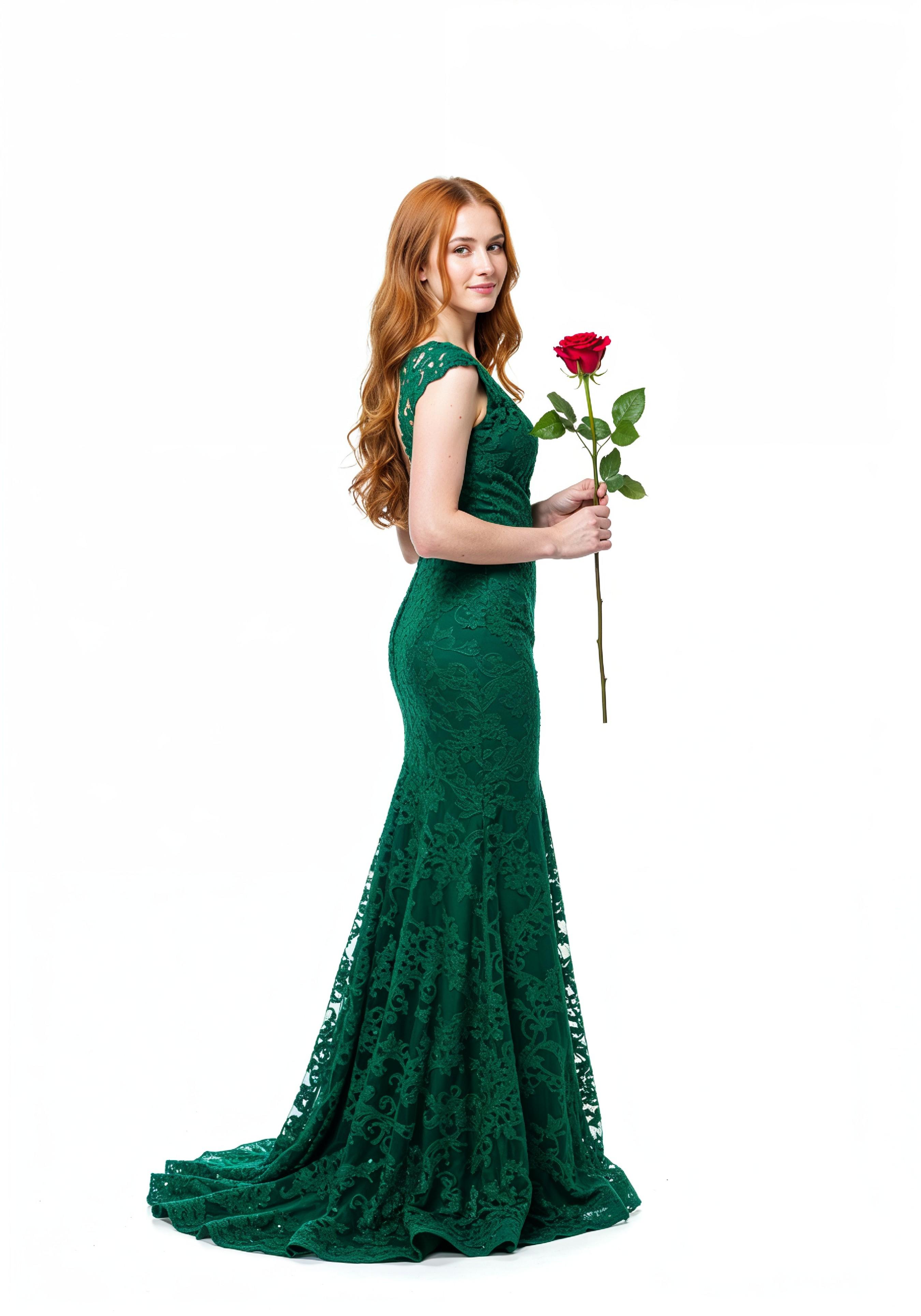 Beautiful Young Woman Holding Red Rose in Elegant Dress Romantic Portrait