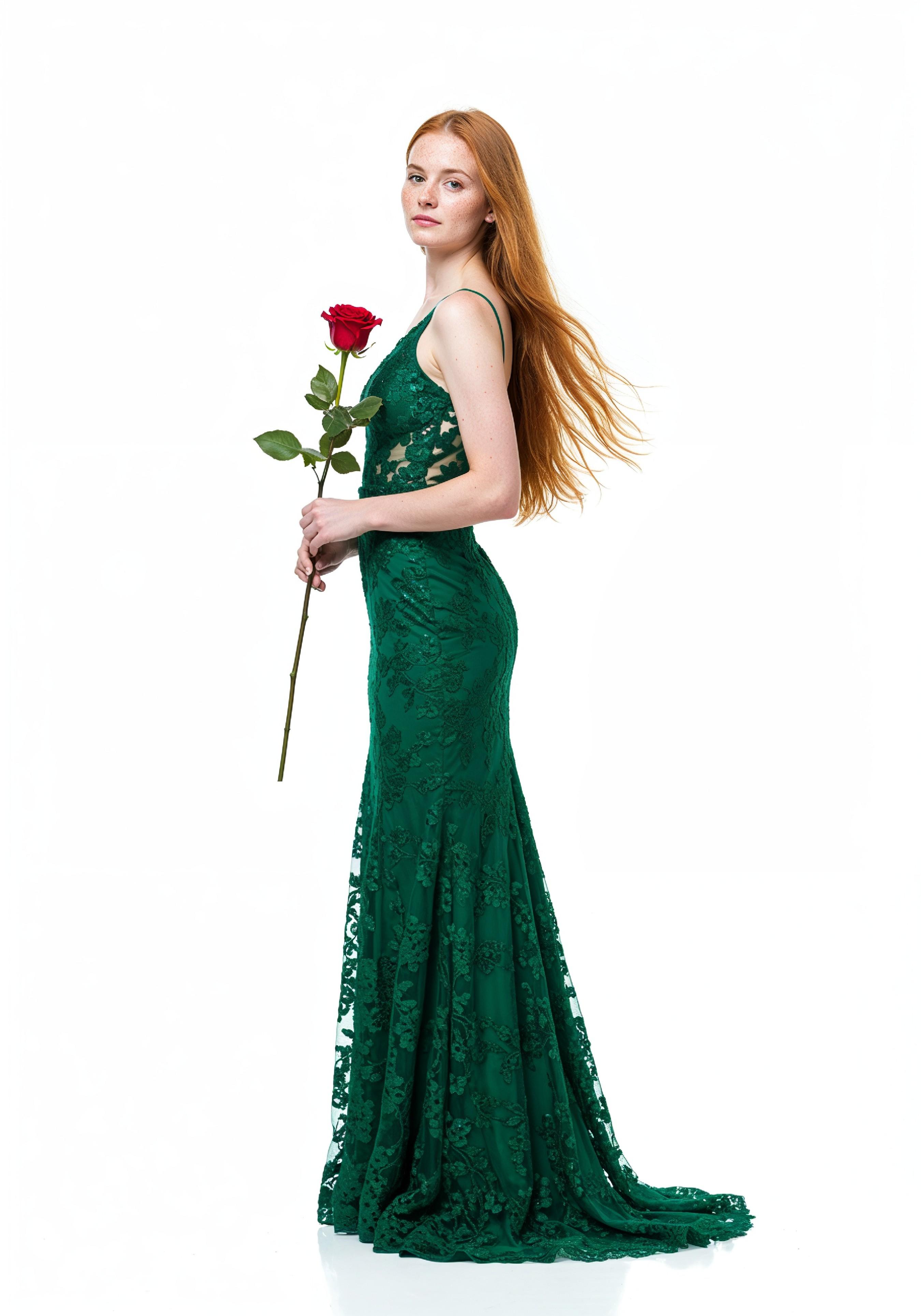 Beautiful Young Woman Holding Red Rose in Elegant Dress Romantic Portrait