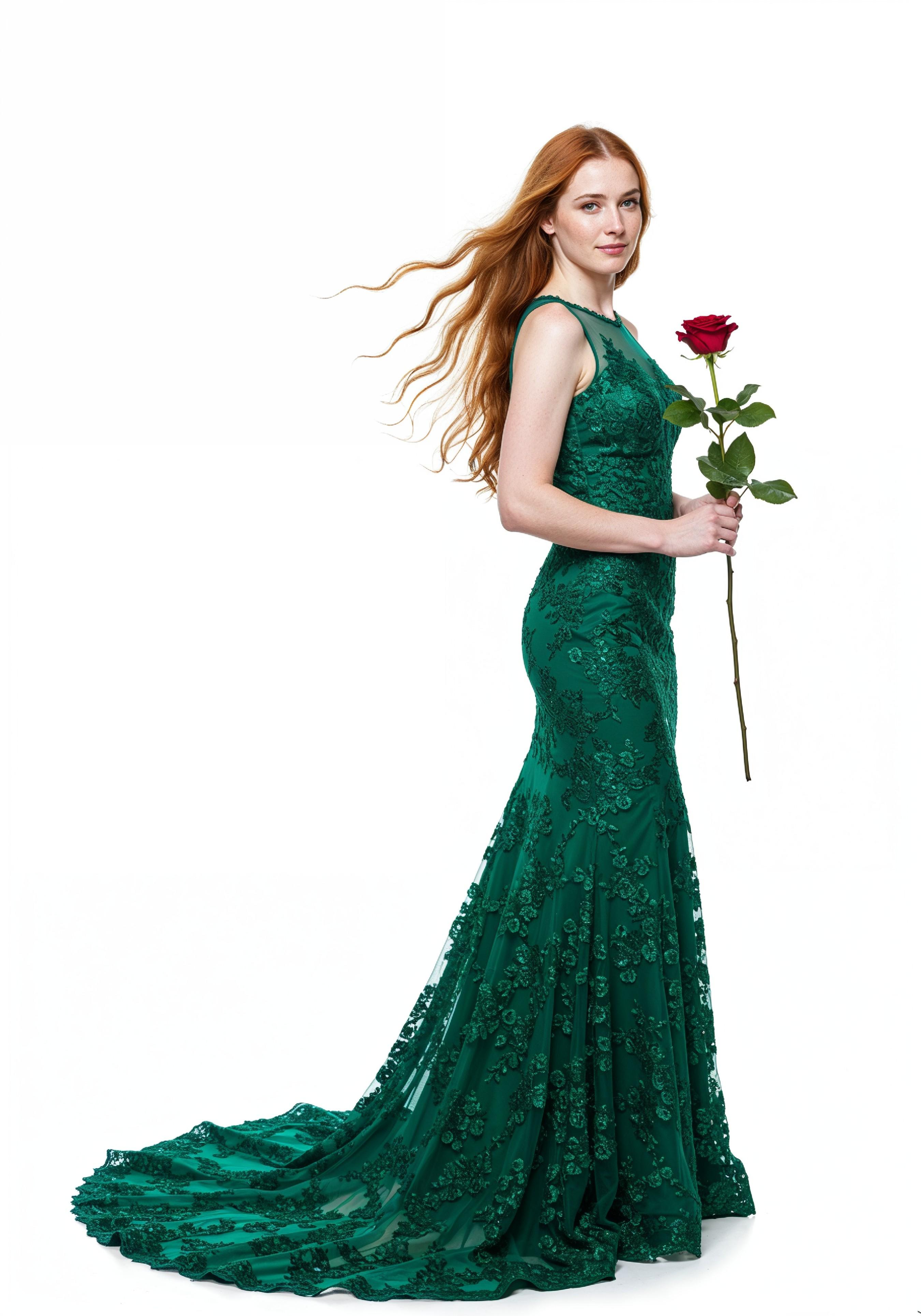 Beautiful Young Woman Holding Red Rose in Elegant Dress Romantic Portrait