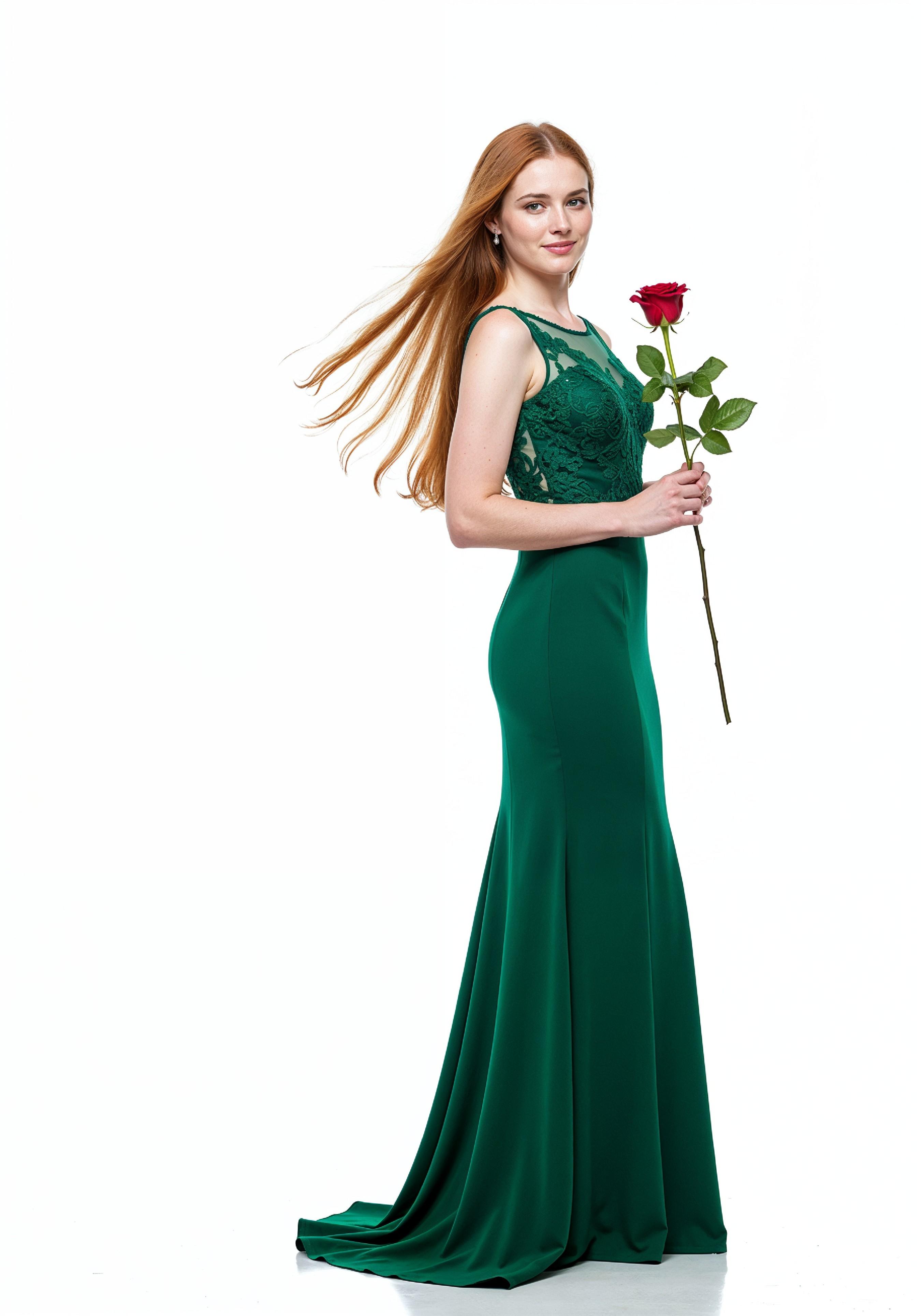 Beautiful Young Woman Holding Red Rose in Elegant Dress Romantic Portrait