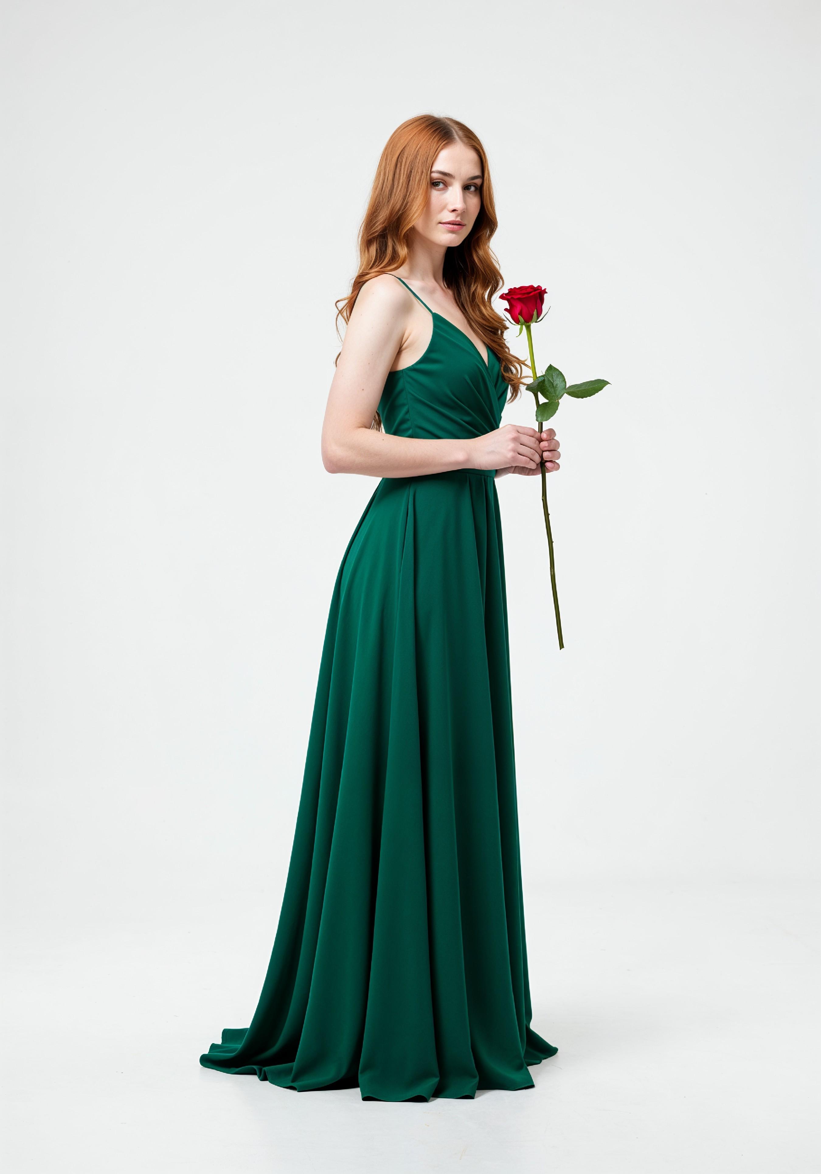 Beautiful Young Woman Holding Red Rose in Elegant Dress Romantic Portrait