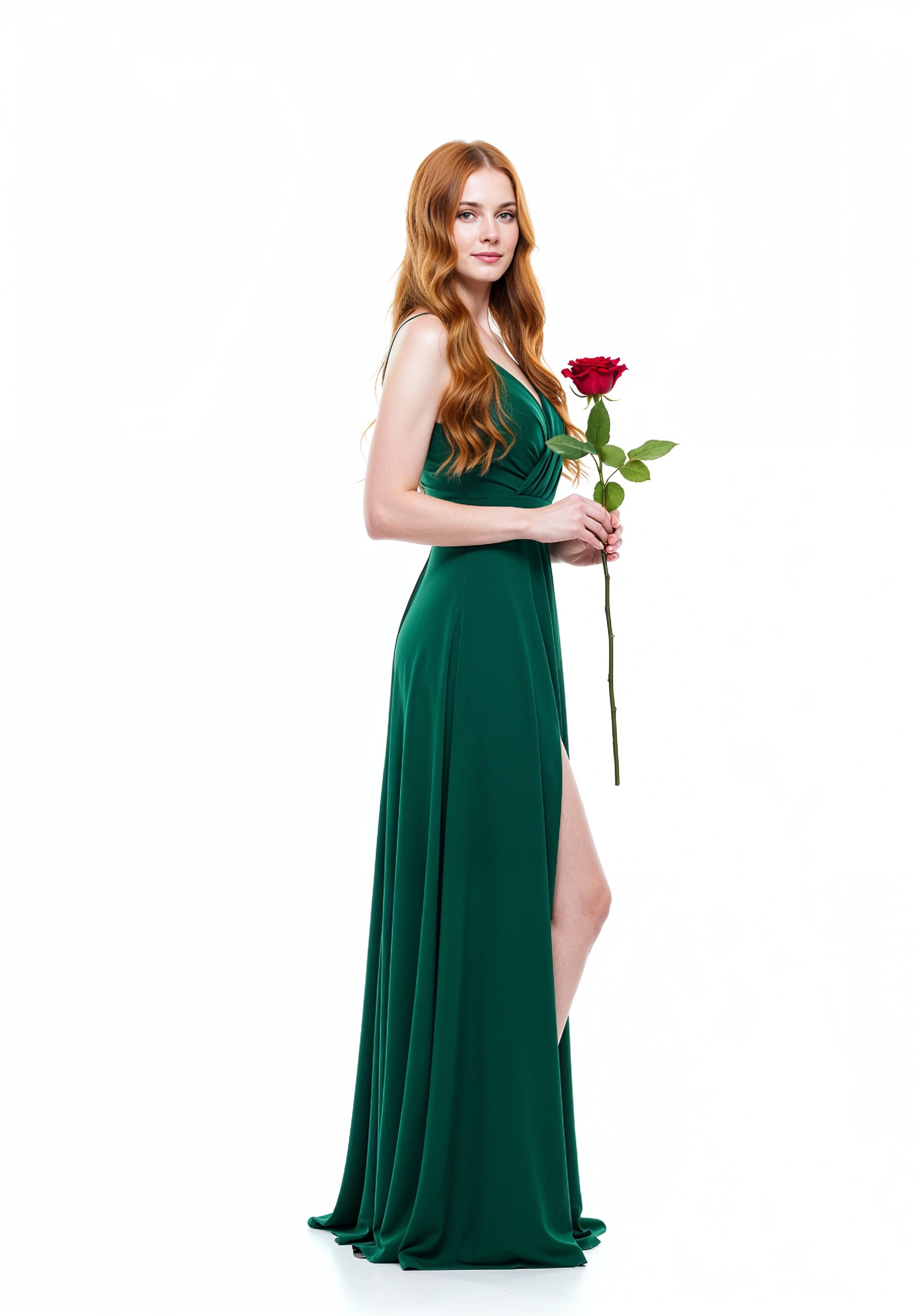 Beautiful Young Woman Holding Red Rose in Elegant Dress Romantic Portrait