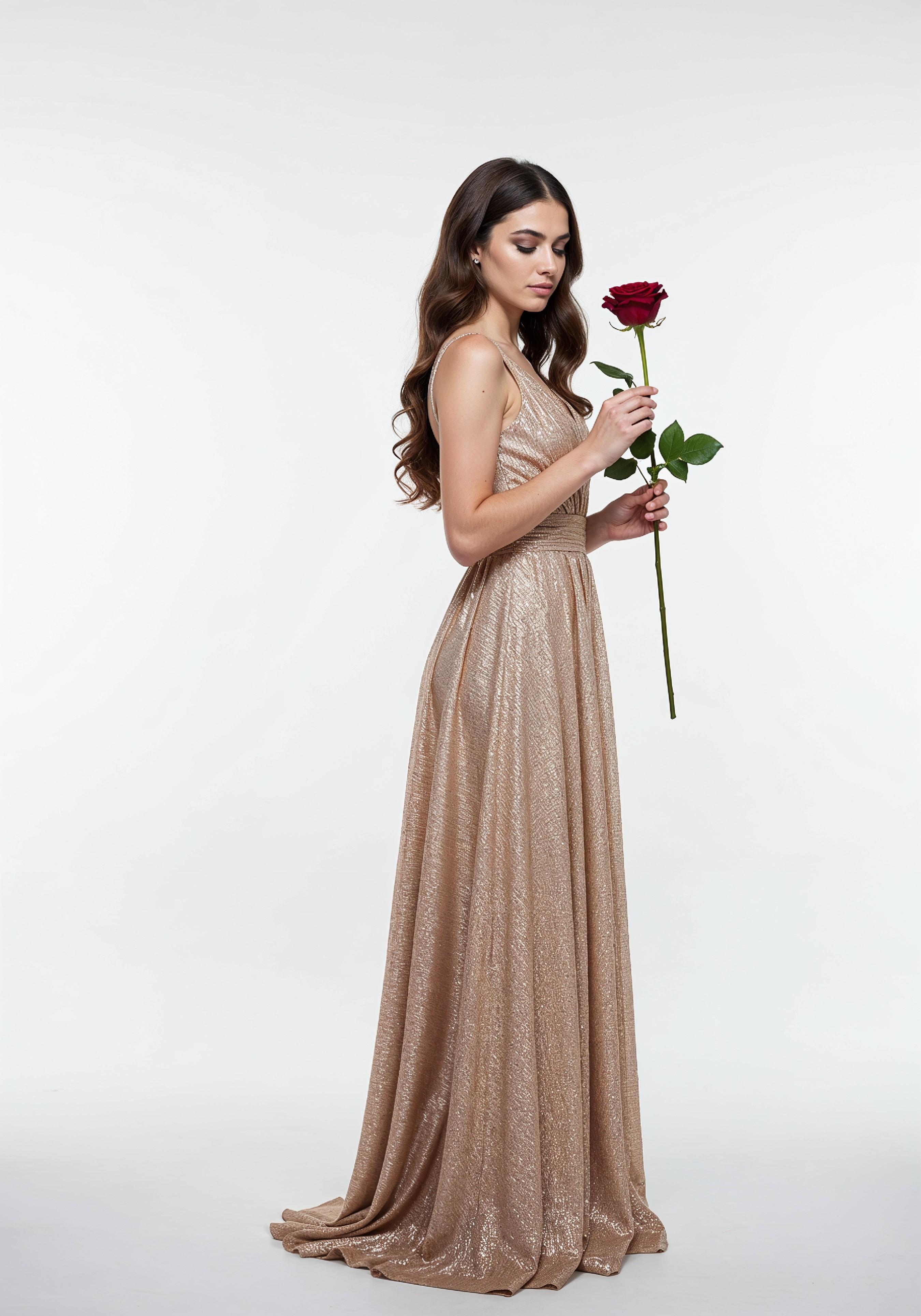 Beautiful Young Woman Holding Red Rose in Elegant Dress Romantic Portrait