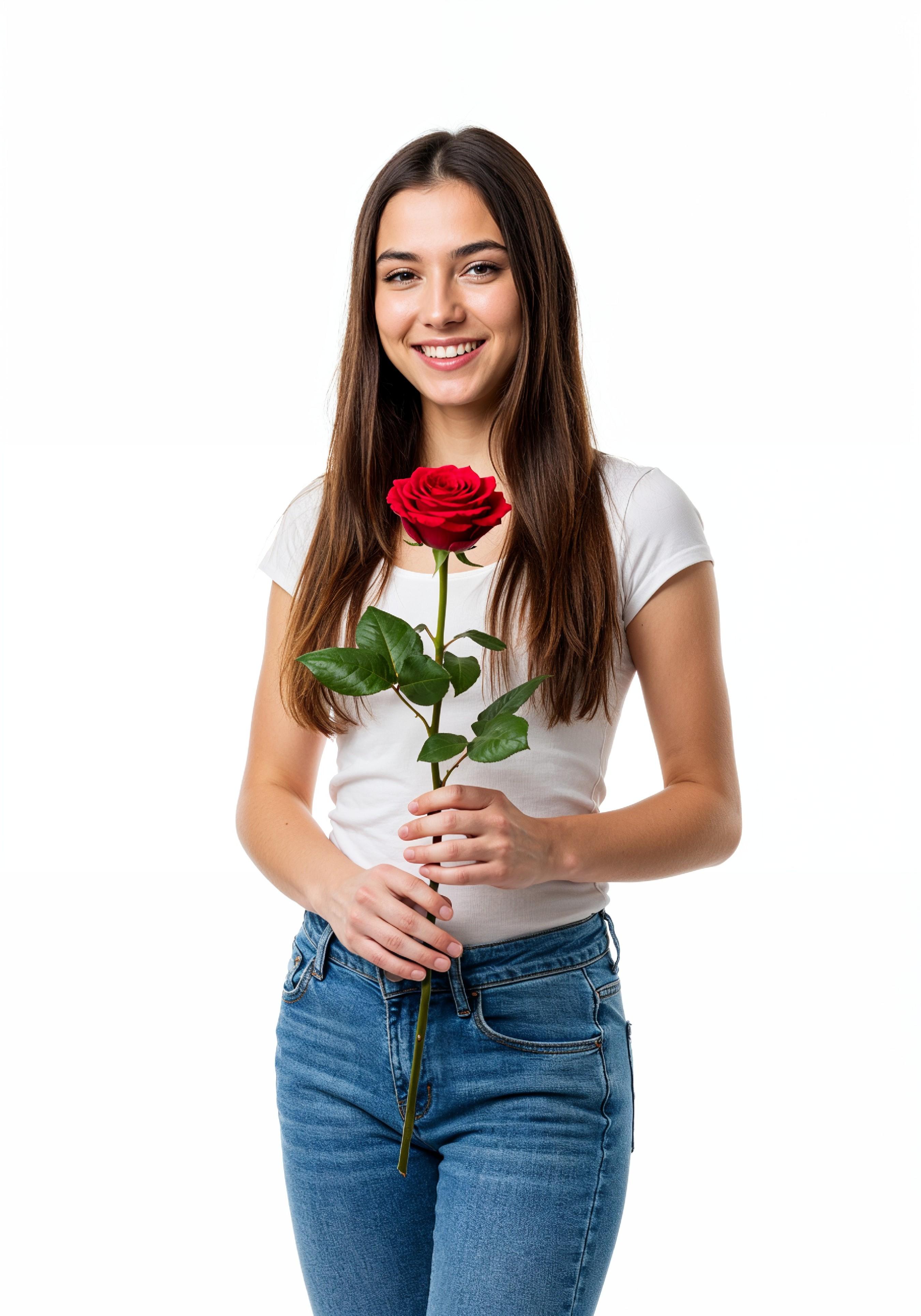 Beautiful Young Woman Holding Red Rose in Elegant Dress Romantic Portrait