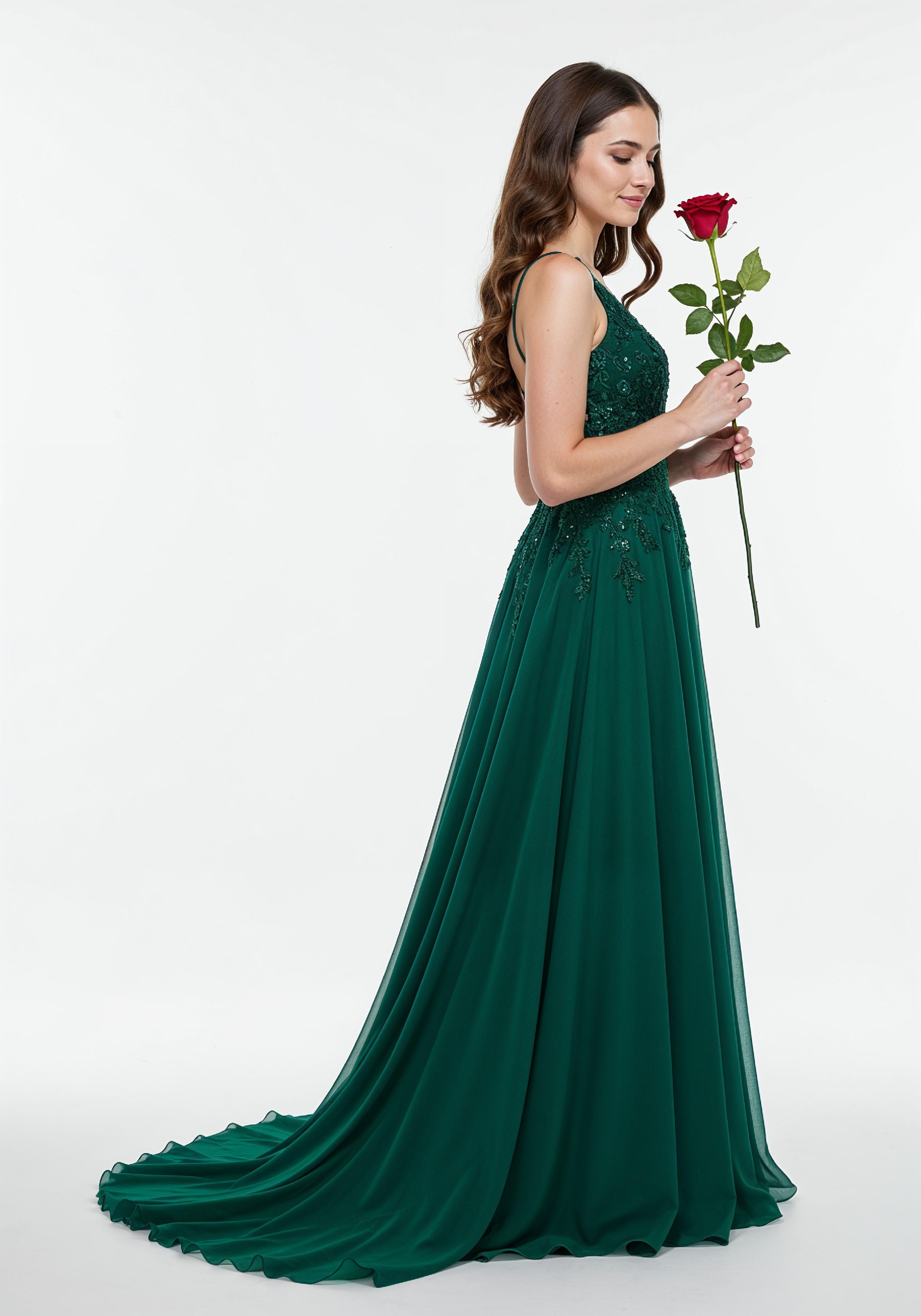 Beautiful Young Woman Holding Red Rose in Elegant Dress Romantic Portrait