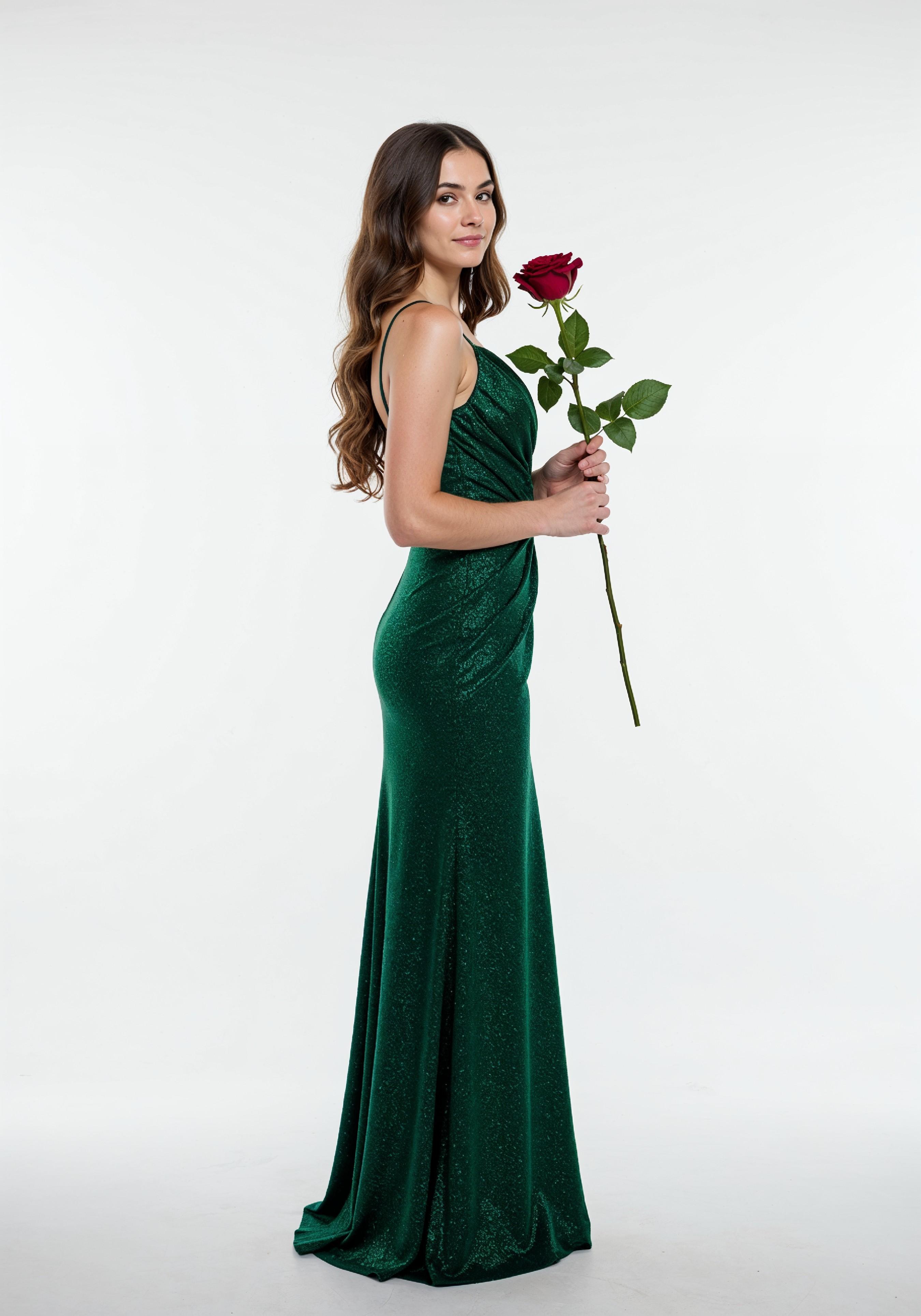 Beautiful Young Woman Holding Red Rose in Elegant Dress Romantic Portrait