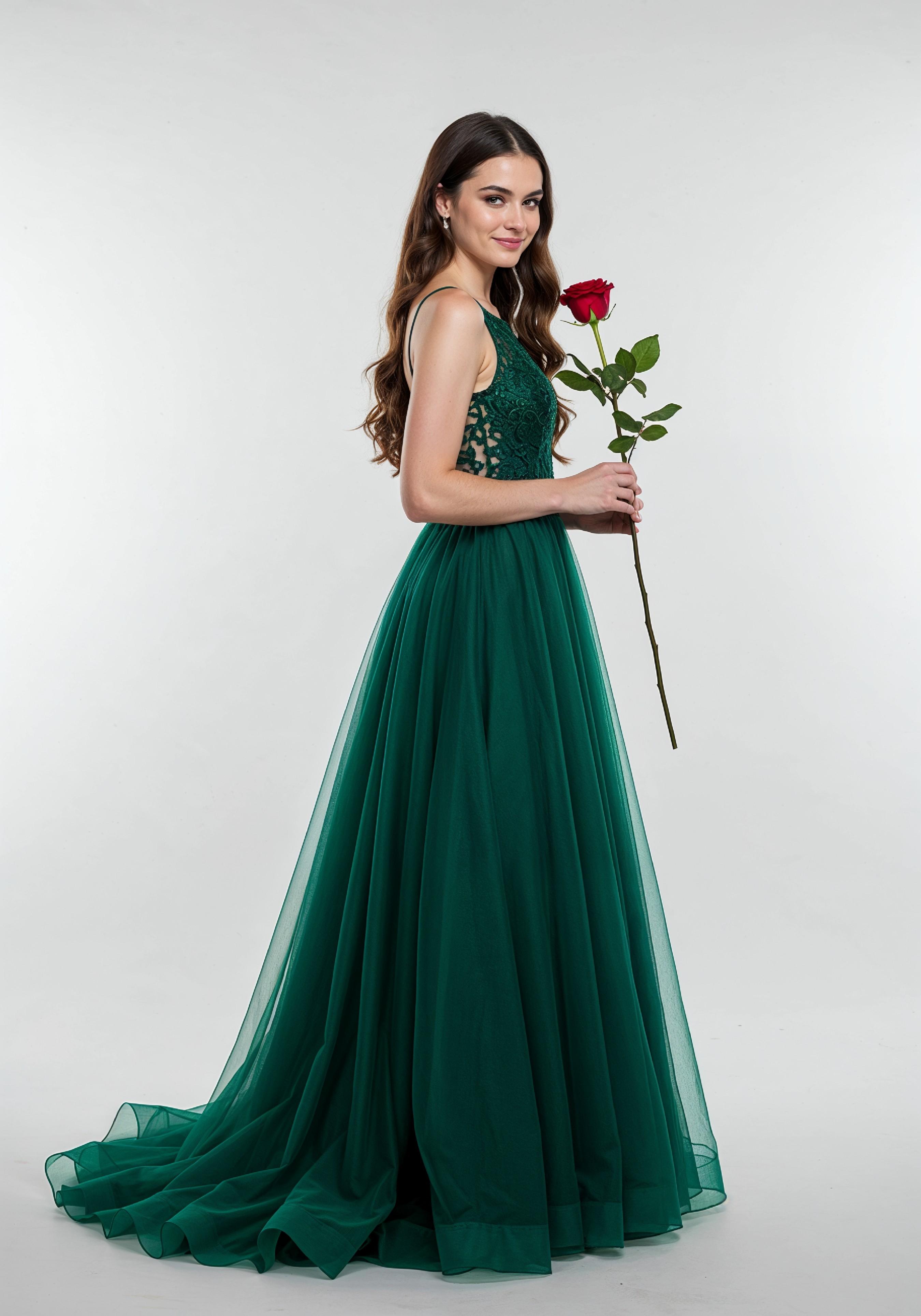 Beautiful Young Woman Holding Red Rose in Elegant Dress Romantic Portrait