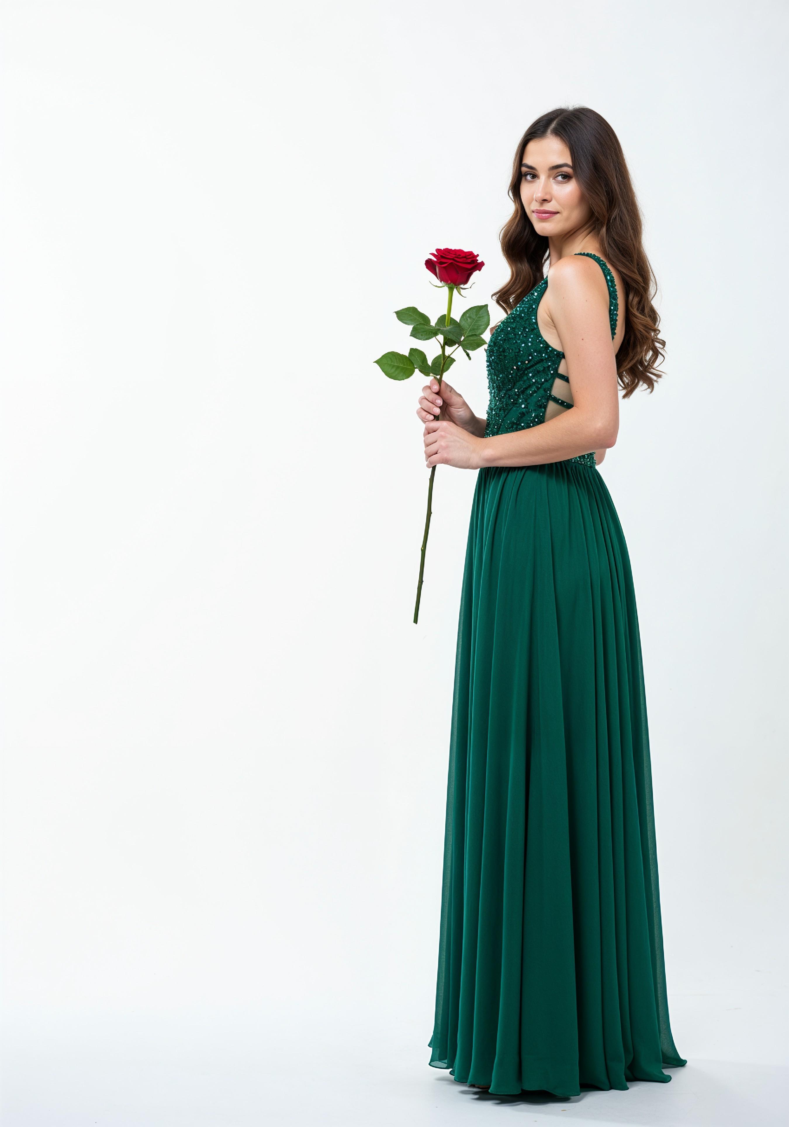 Beautiful Young Woman Holding Red Rose in Elegant Dress Romantic Portrait