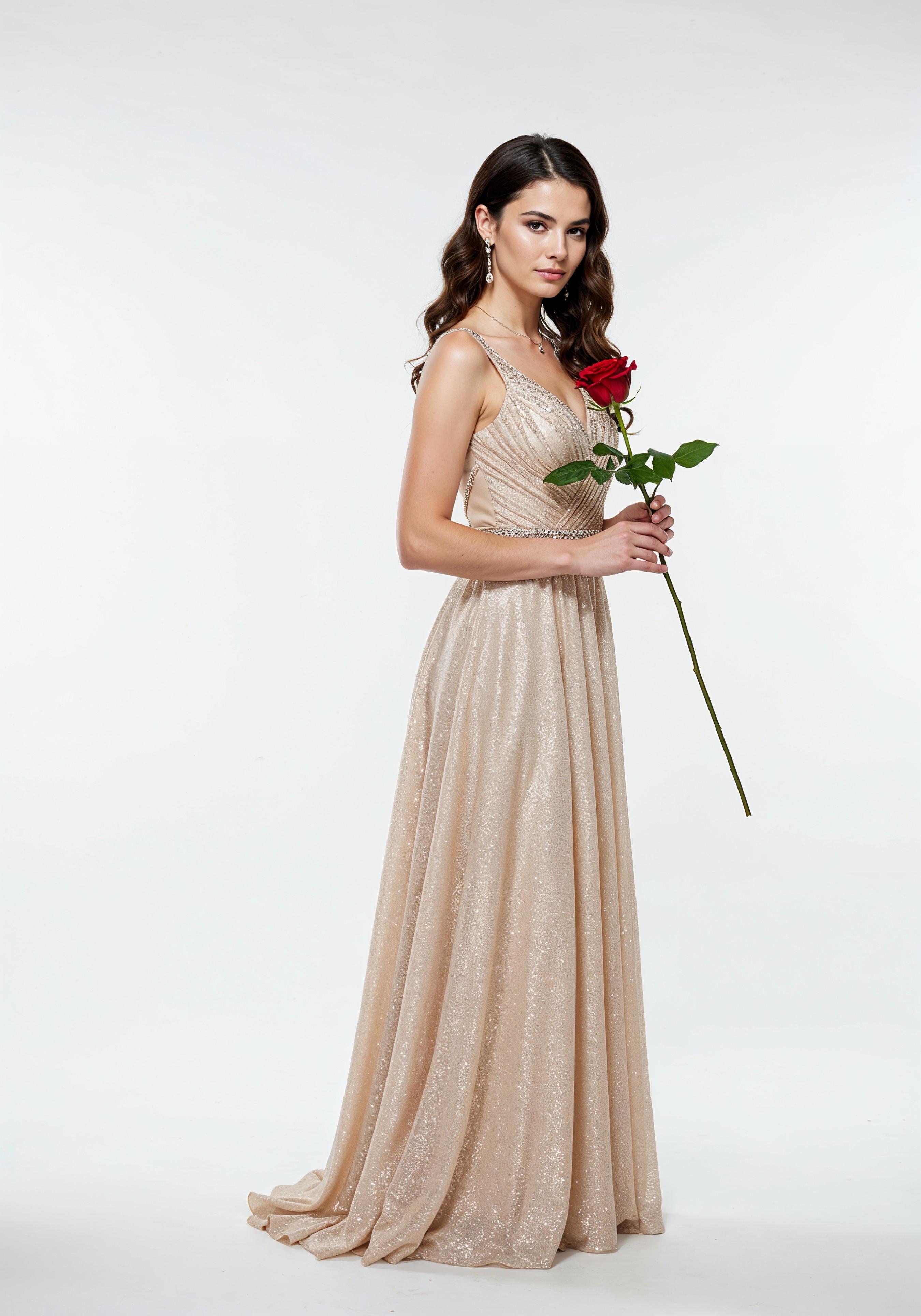 Beautiful Young Woman Holding Red Rose in Elegant Dress Romantic Portrait